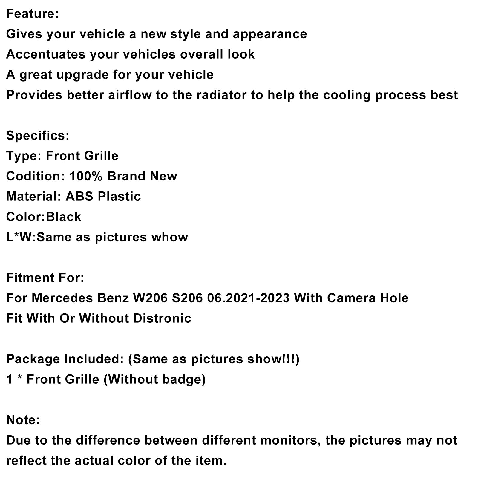 Grille de pare-chocs avant style GTR pour Mercedes Benz W206 avec caméra 2022-2023