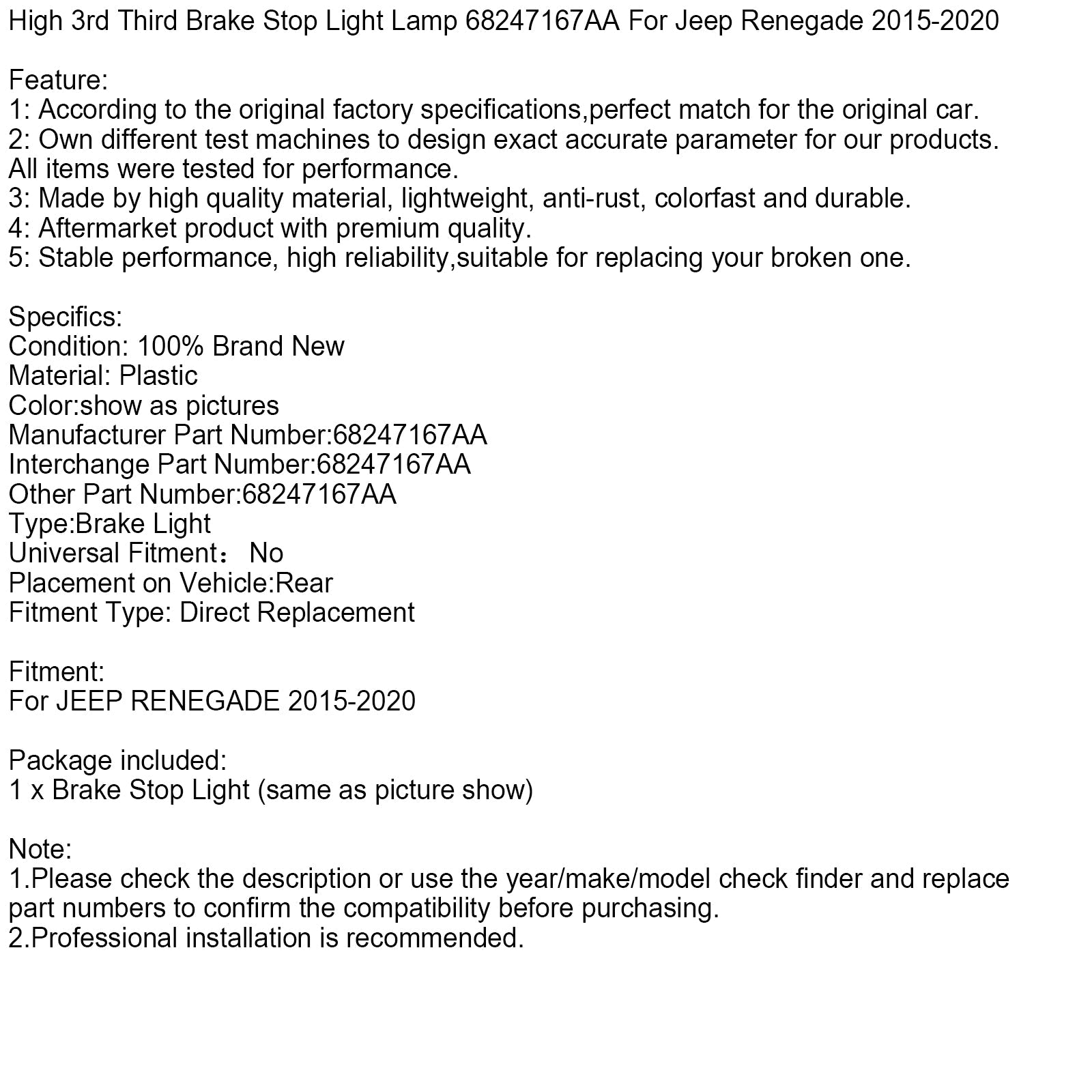 Tercera luz de freno de montaje alto 68247167AA para Jeep Renegade 2015-2020