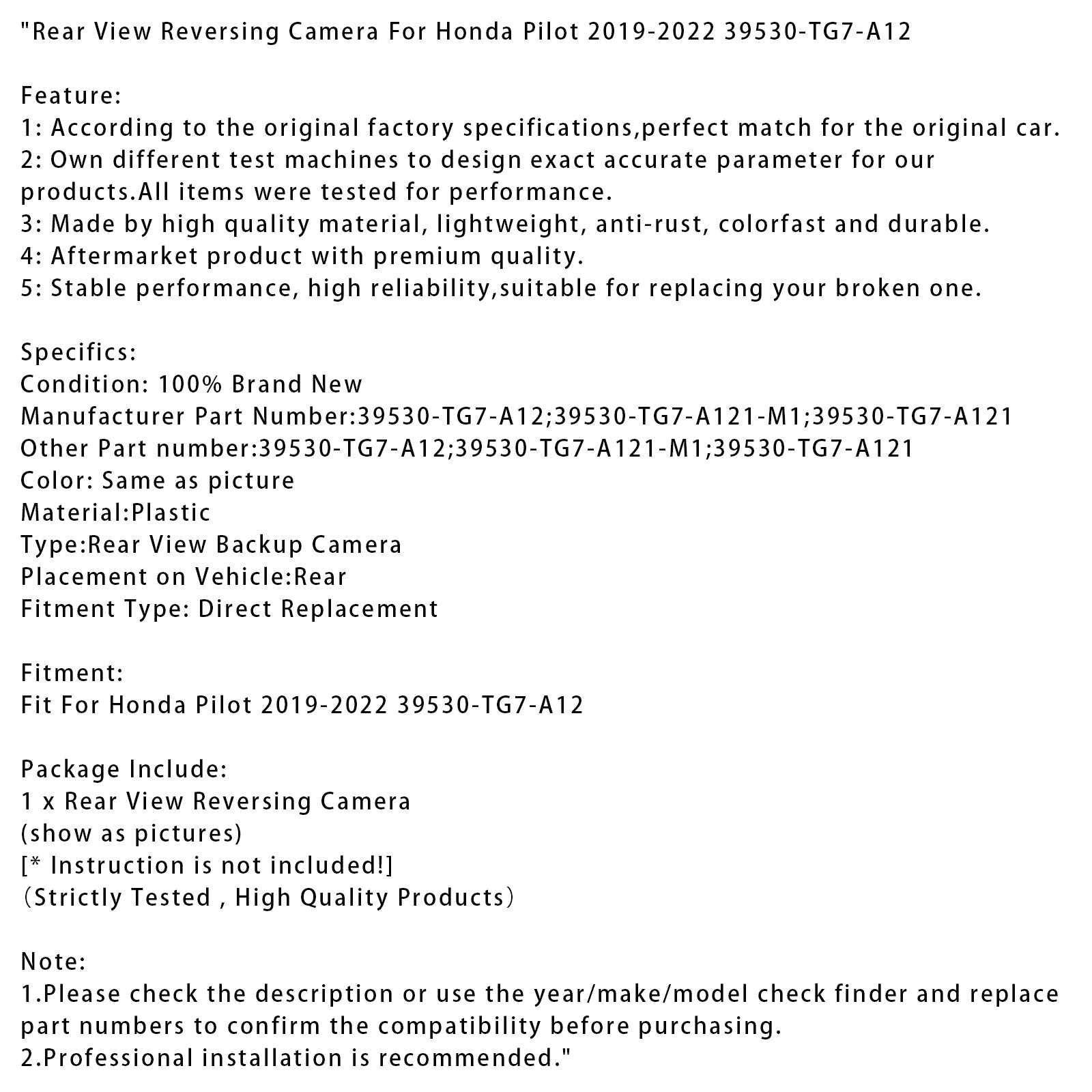 Caméra de recul pour Honda Pilot 2019-2022, référence 39530-TG7-A12