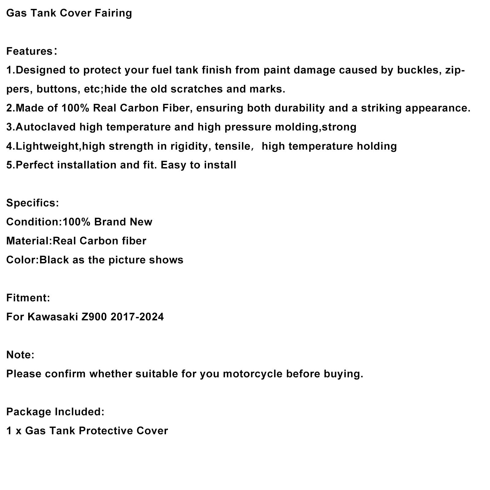 Carenado de depósito de fibra de carbono original para Kawasaki Z900 (2017-2024)