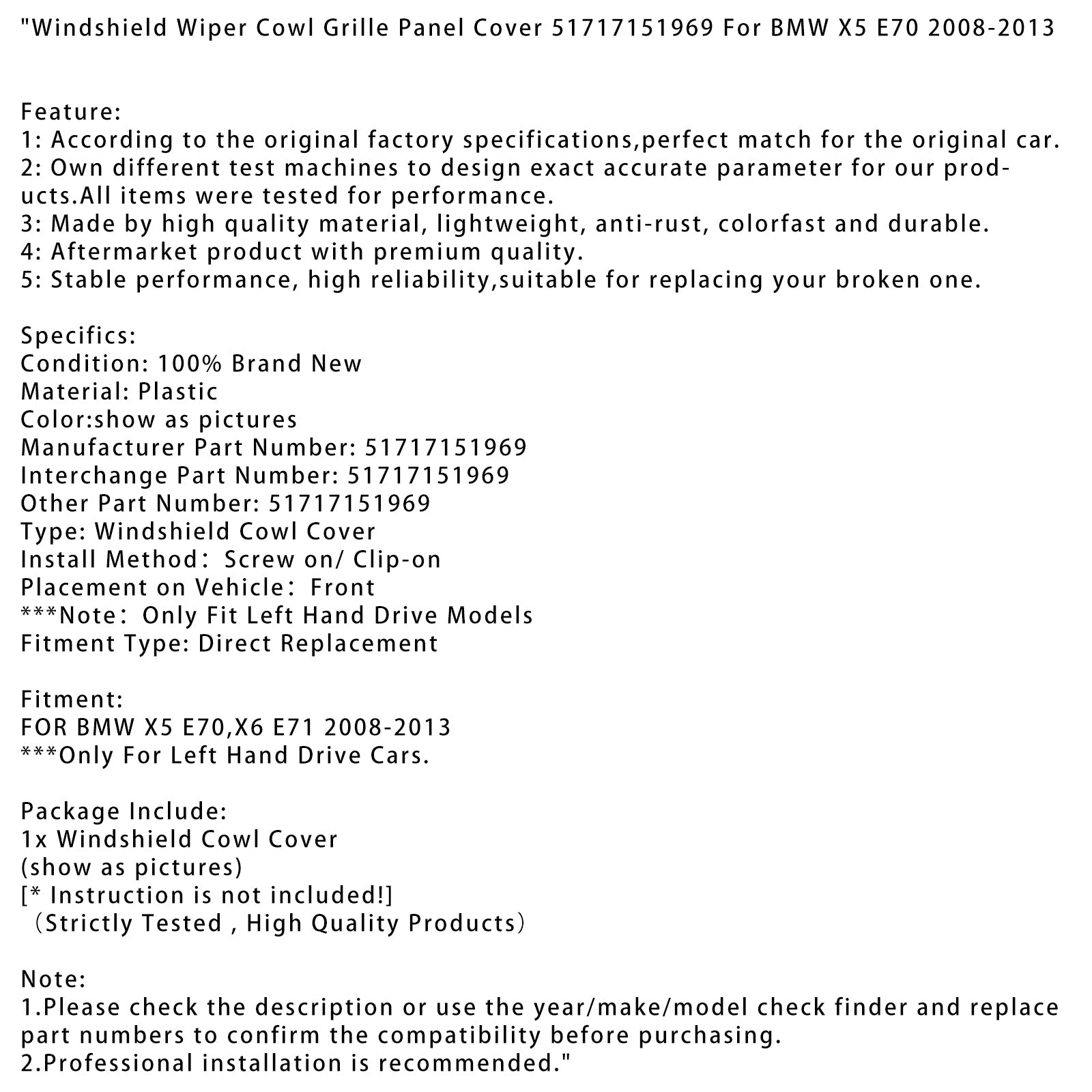 Cover of Panel of the Ruitenhield Wipers BMW X5 E70 X6 E71 2008-2013 51717151969