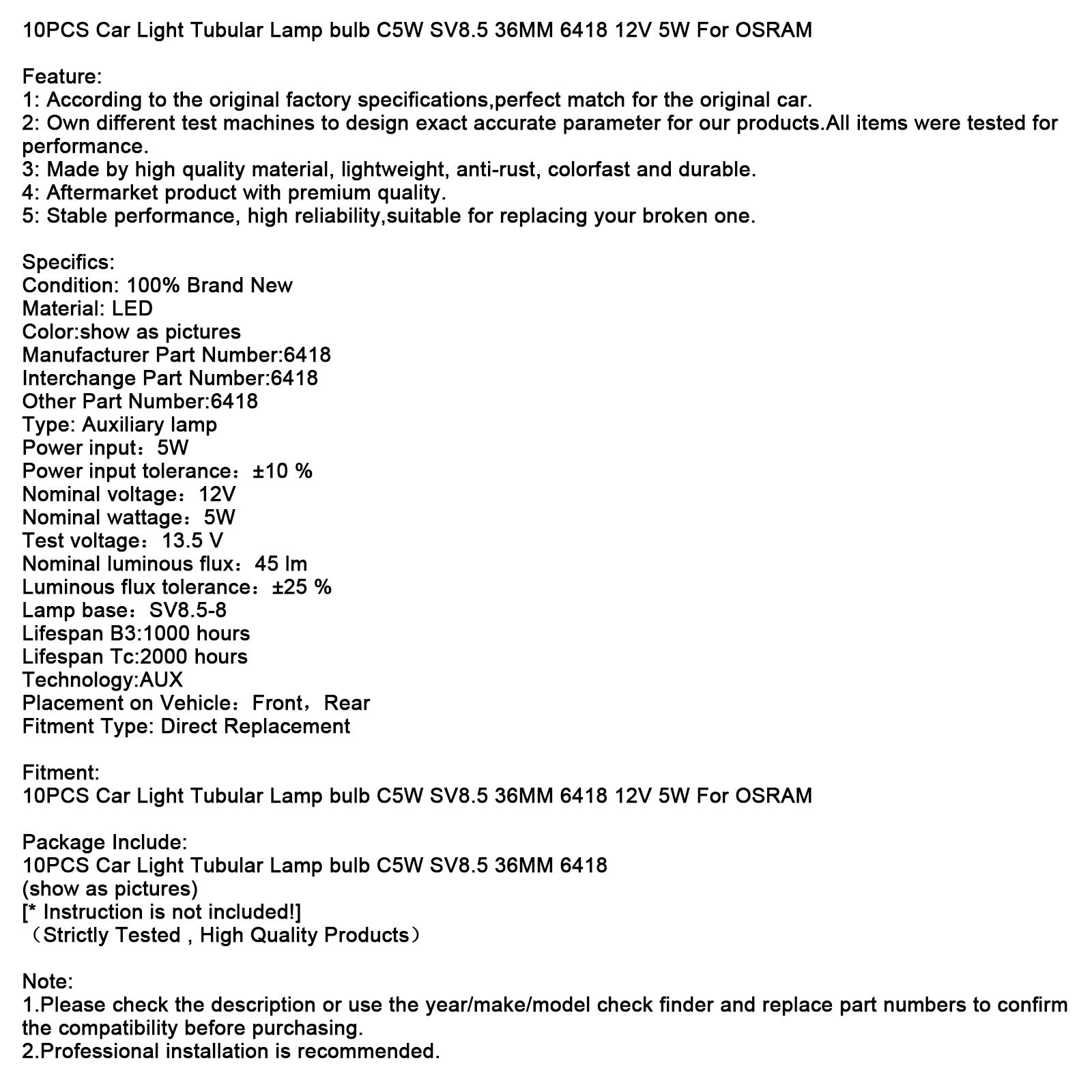 LÄHETÄ 10 putkimaisesta lampusta autovalaistukseen C5W SV8,5 36 mm 6418 12 V 5 W OSRAM: lle