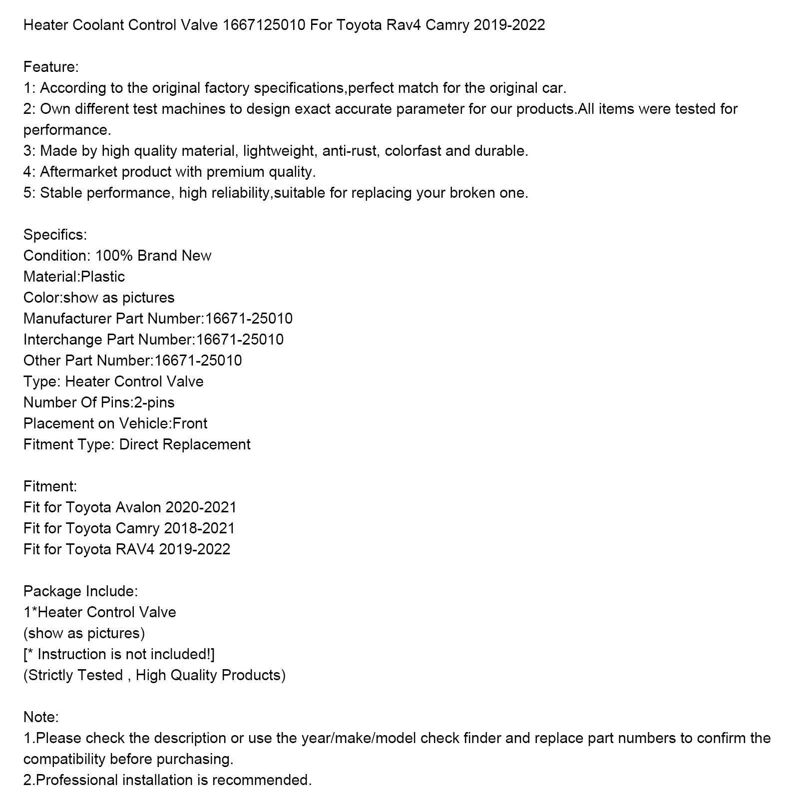 Valvola di controllo del liquido di raffreddamento del riscaldatore 1667125010 per Toyota Rav4 Camry 2019-2022