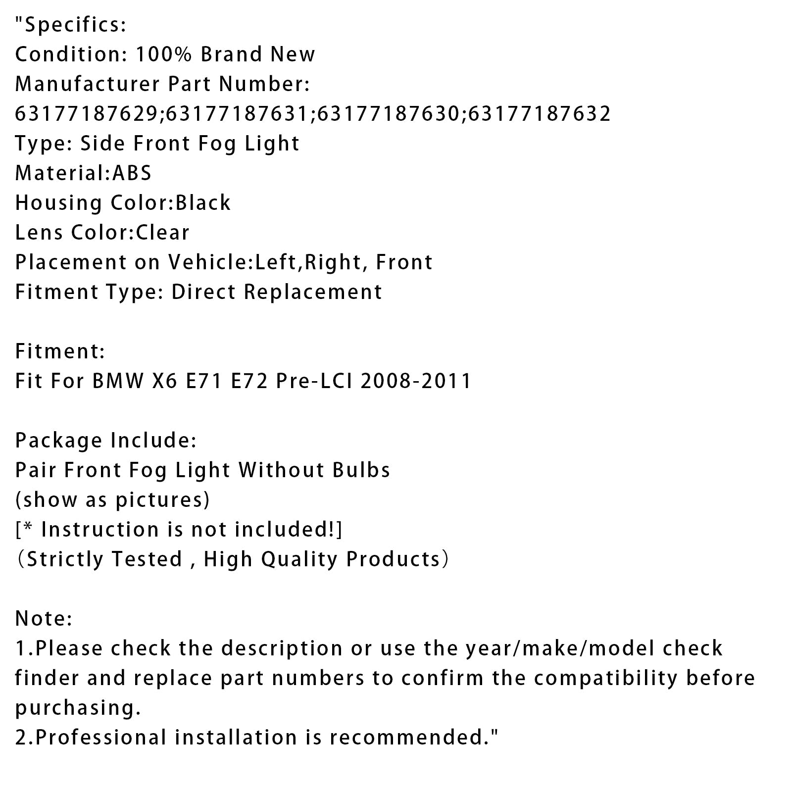 Par de luces antiniebla delantera sin bombillas para BMW X6 E71 E72 2008-2011 63177187631