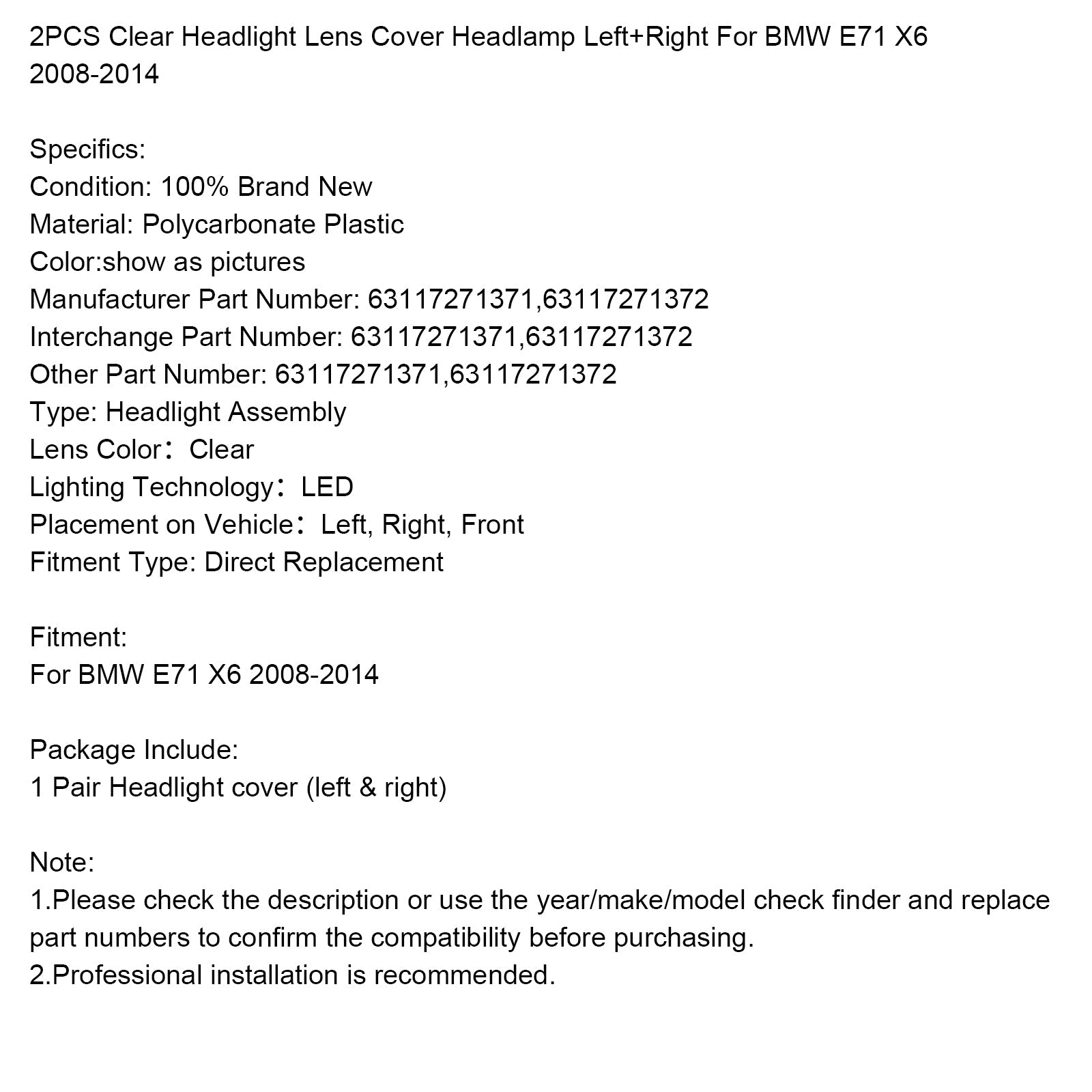 2008-2014 BMW E71 X6 LOT di 2 cumuli di fari trasparenti e trasparenti