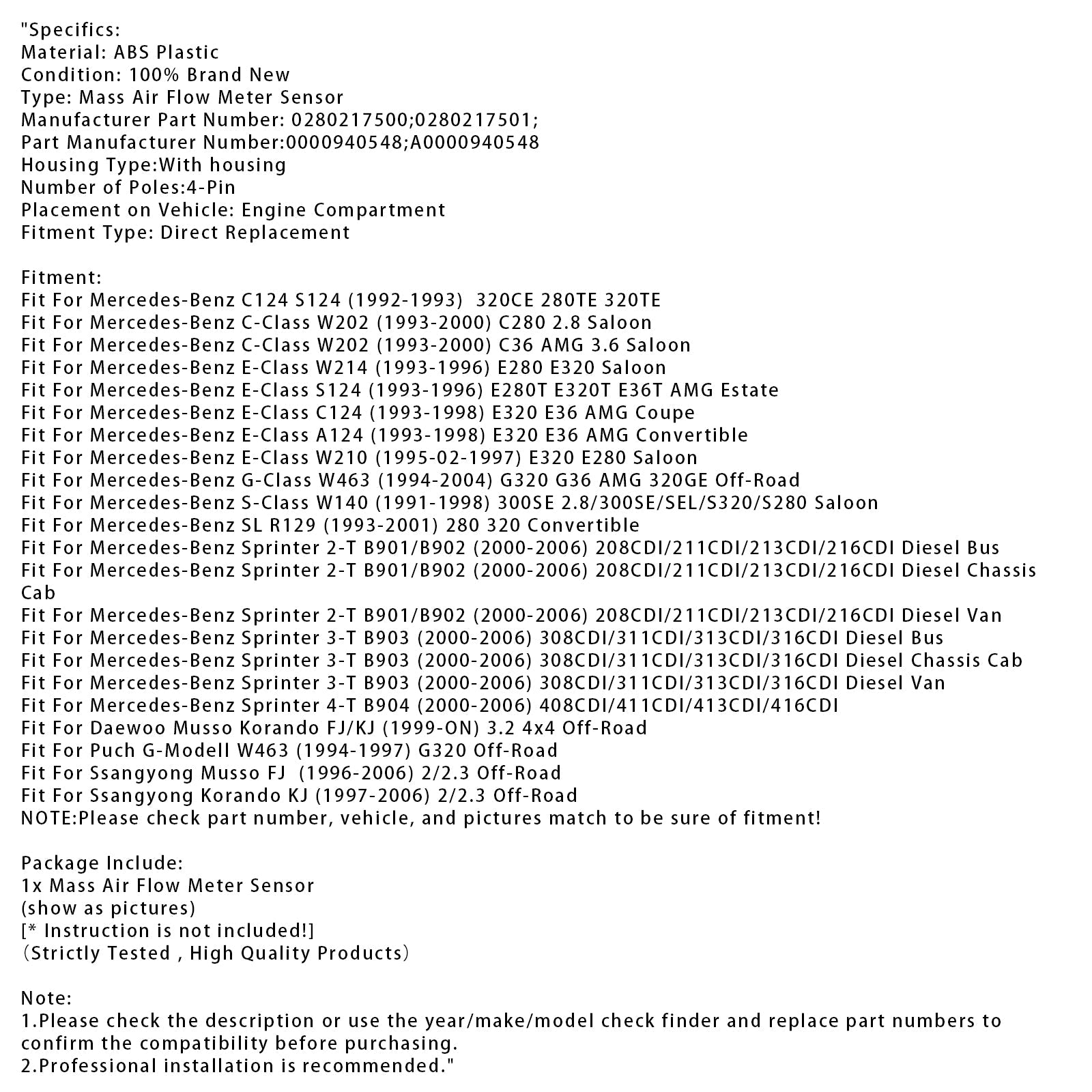 Sensore del misuratore di portata d'aria di massa per Mercedes W202 W140 Sprinter 2-T 3-T 0280217500