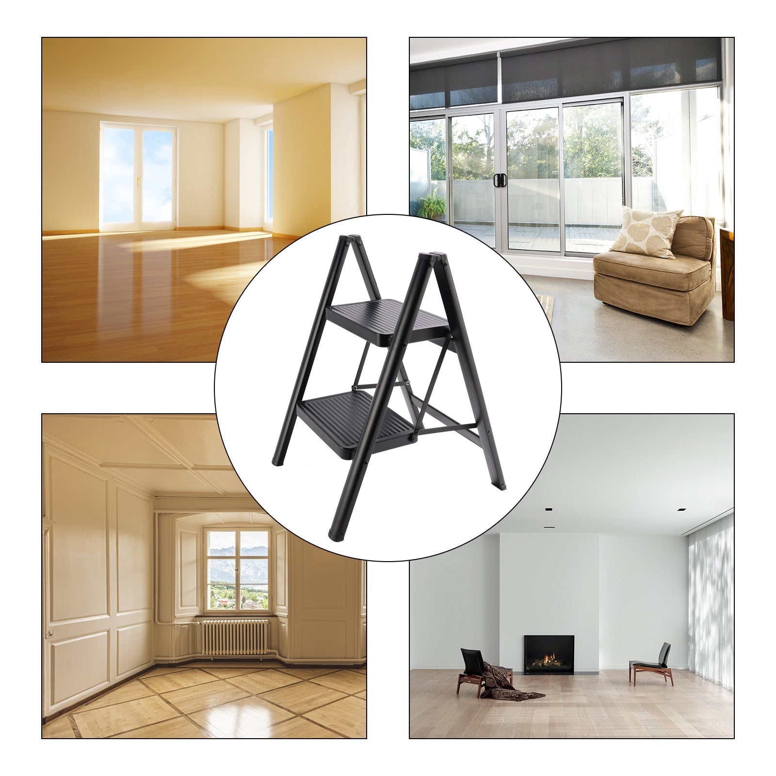 Escabeau, 2 niveaux, pliable, aluminium, large, léger, compact, échelle