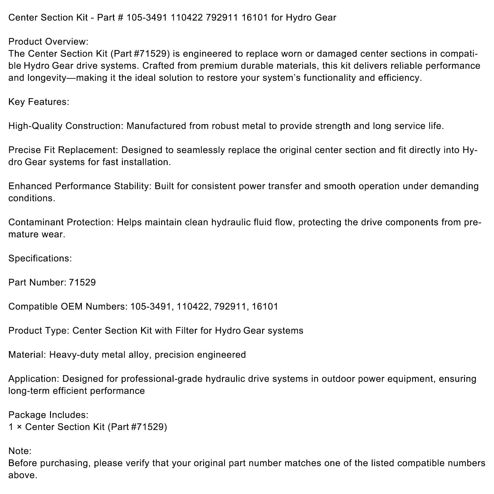 Zestaw sekcji środkowej — część #71529 LH do przekładni hydraulicznej