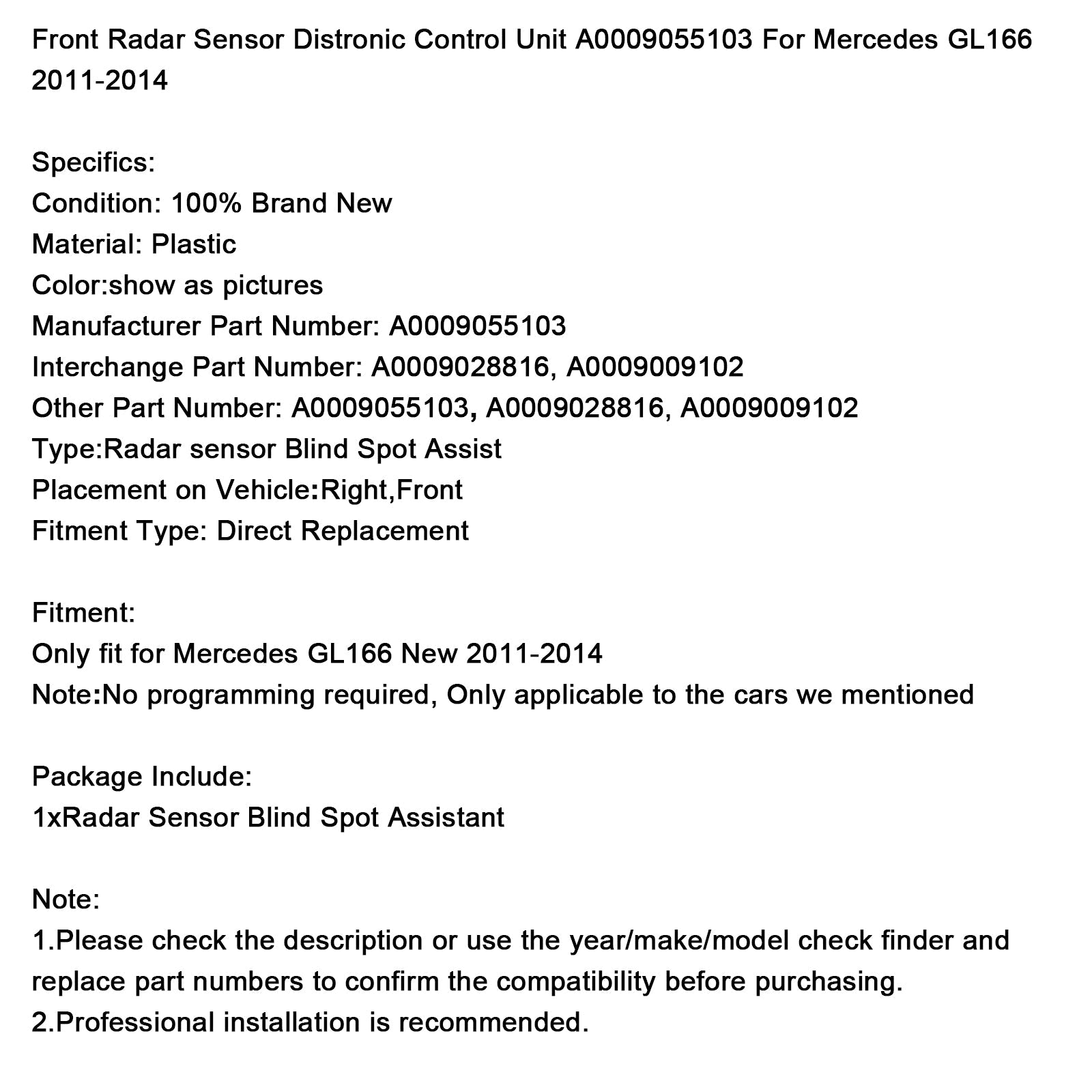 Mercedes GL166 2011-2014 antes del sensor de radar Mercedes, A0009055103, A0009028816 Unidad de control, A0009009102