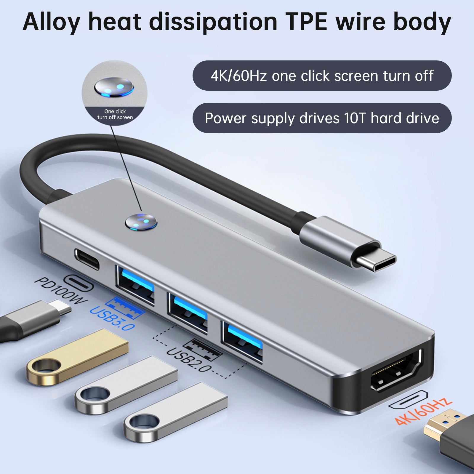 Adaptateur 5 en 1 TYPE-C + USB 3.0 (1 port) + USB 2.0 (2 ports) + HDMI + PD100W pour MacBook