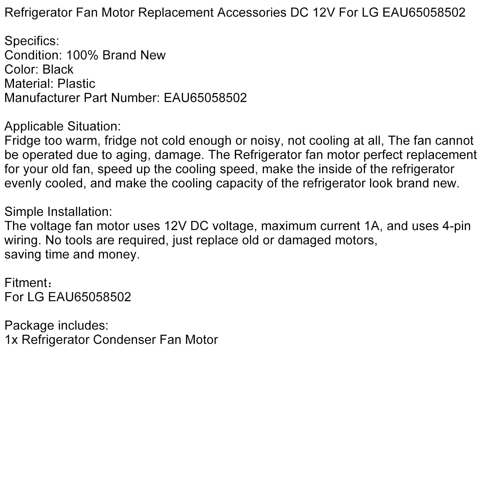 Fircal -tuulettimen moottori, DC 12 V DC -korvikkeet LG Water65058502: lle