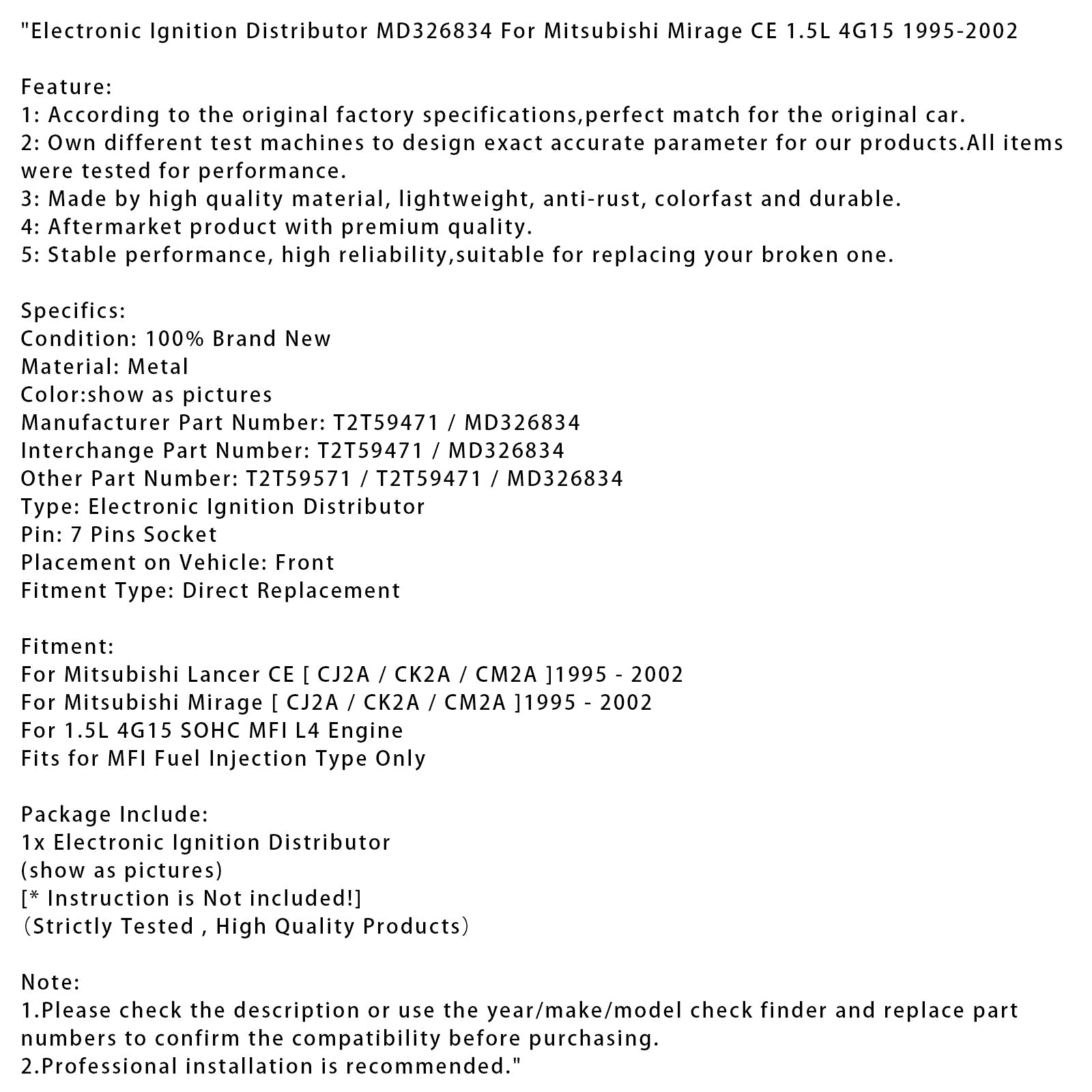 Distributore'MD326834 accensione elettronica per motore 1.5L 4G15 SOHC MFI L4