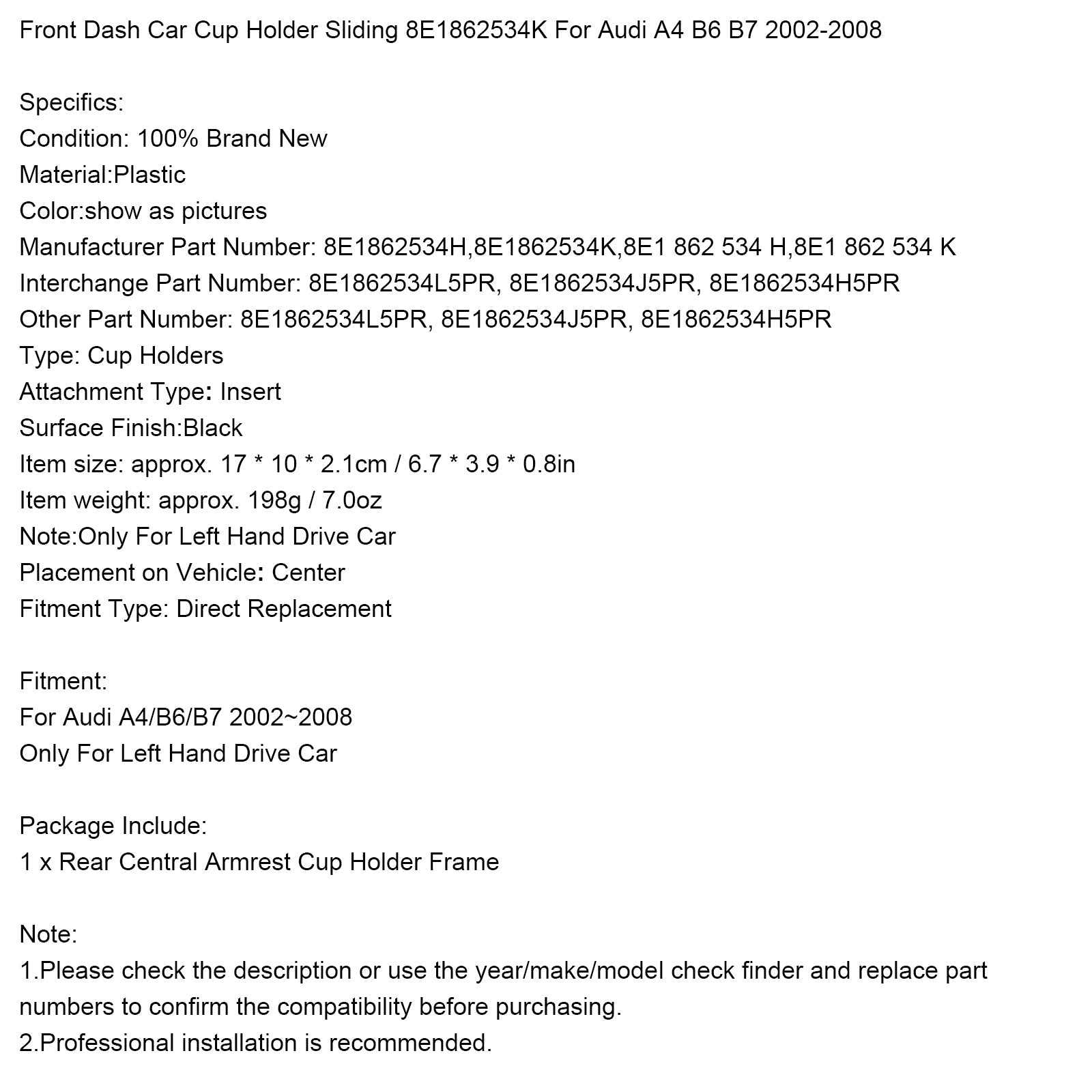 Porte-gobelet coulissant pour tableau de bord avant de voiture Audi A4 B6 B7 2002-2008 8E1862534K