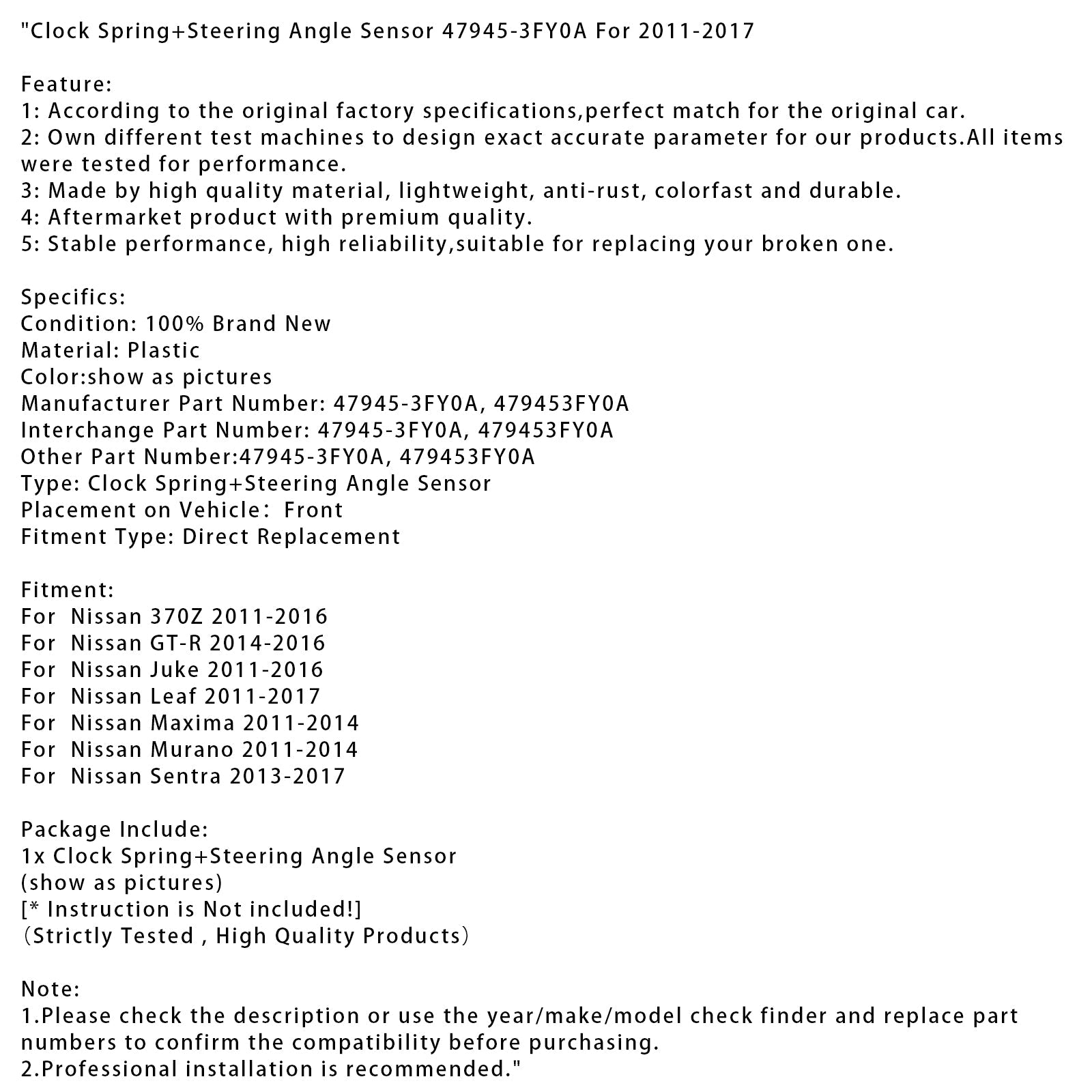 Muelle de retorno + sensor de ángulo de dirección para Nissan Juke (2011-2016) - Número de pieza :47945-3FY0A