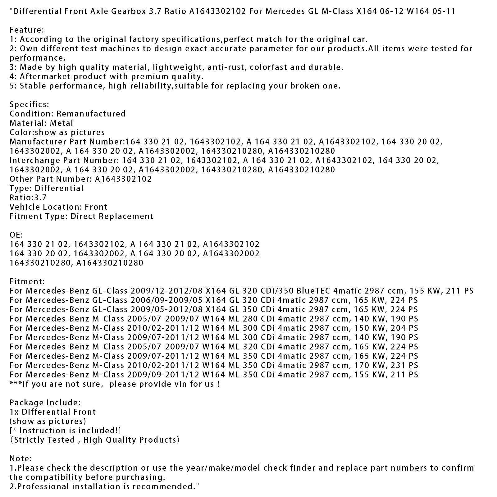 Differenziale asse anteriore, rapporto di trasmissione 3,7 per Mercedes GL Classe M X164 06-12