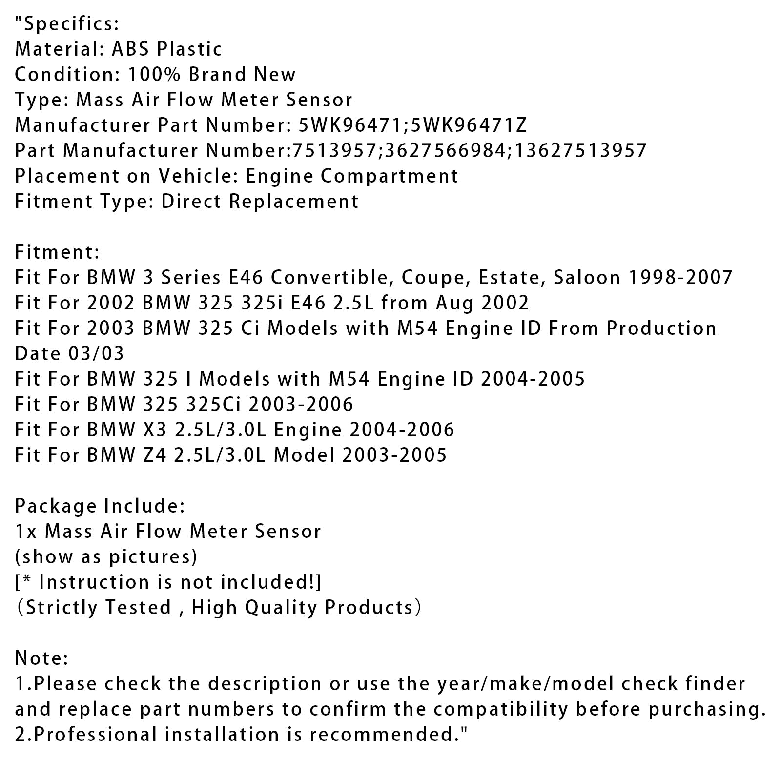 Senzor merilnika pretoka d'zračna masa za BMW serije 3 E46 E83 E85 X3 Z4 325i 325Ci 5WK96471