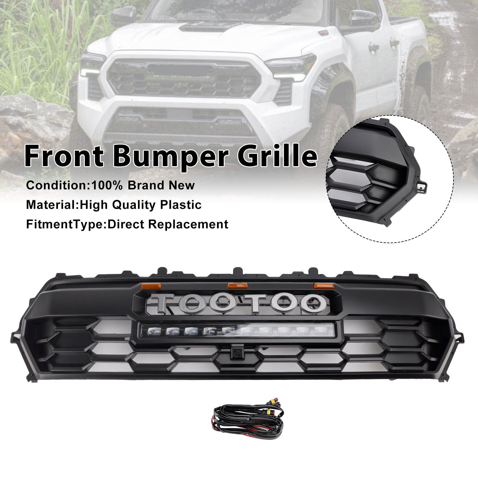 Grille de pare-chocs avant noire avec barre lumineuse et DEL pour Toyota Tacoma 2024 et plus