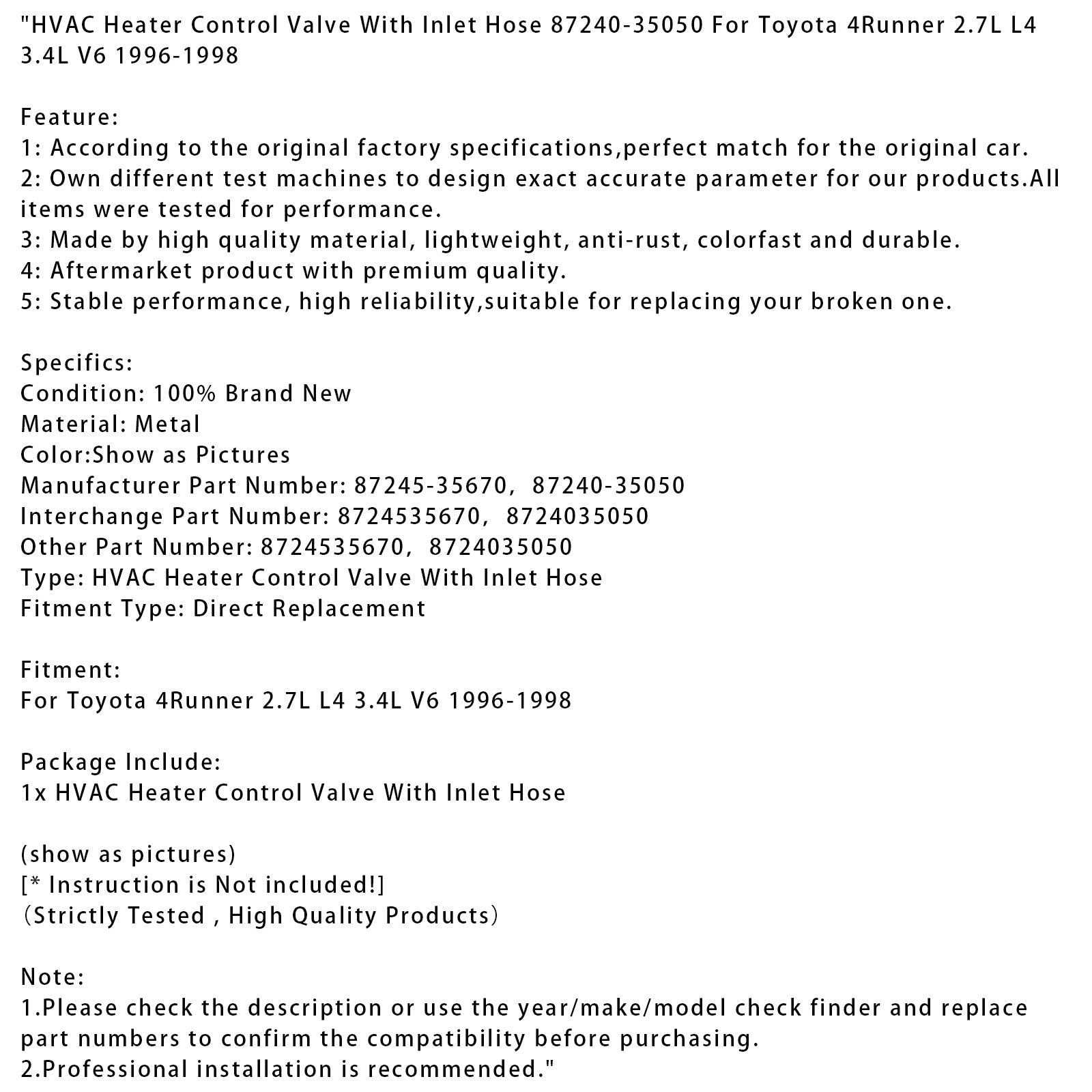 Valvola di controllo del riscaldamento/aria condizionata con tubo di ingresso dell'acqua per Toyota 4Runner 2.7L L4 e 3.4L V6 (1996-1998)