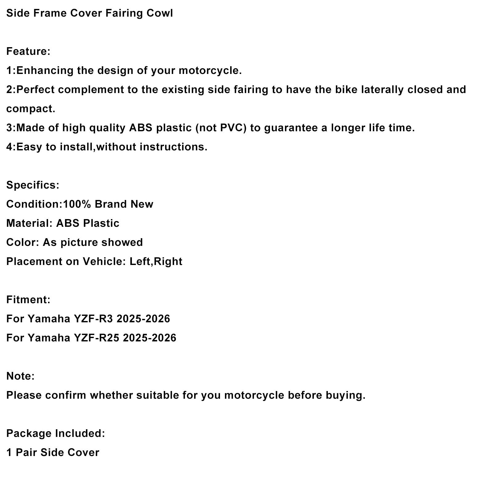 Carenatura laterale centrale per Yamaha YZF-R3 R25 (2025-2026)