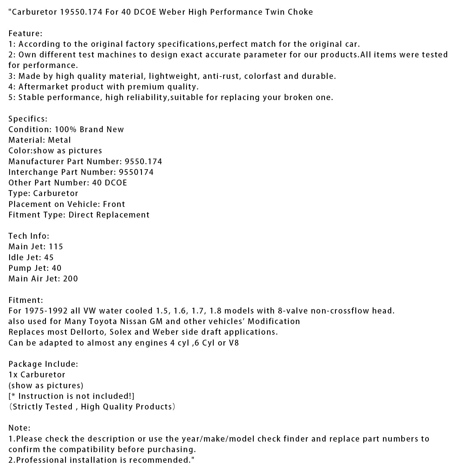 1975-1992 Tutti i modelli VW con acqua raffreddata 1.5, 1.6, 1.7, 1.8 carburatore 19550.174 40 dcoe weber ad alte prestazioni gemelli gemelli