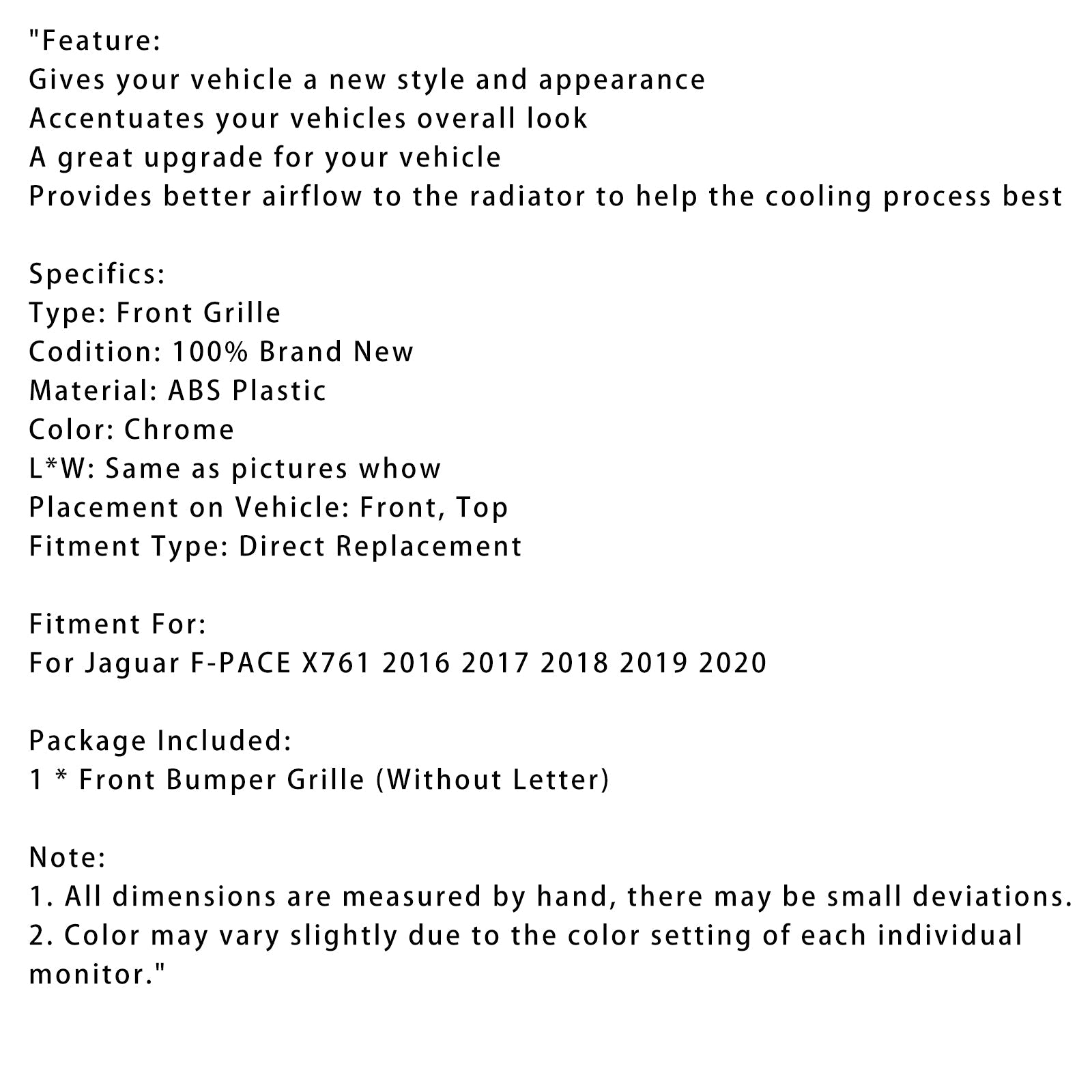 Grille de pare-chocs avant chromée pour Jaguar F-PACE X761 2016-2020