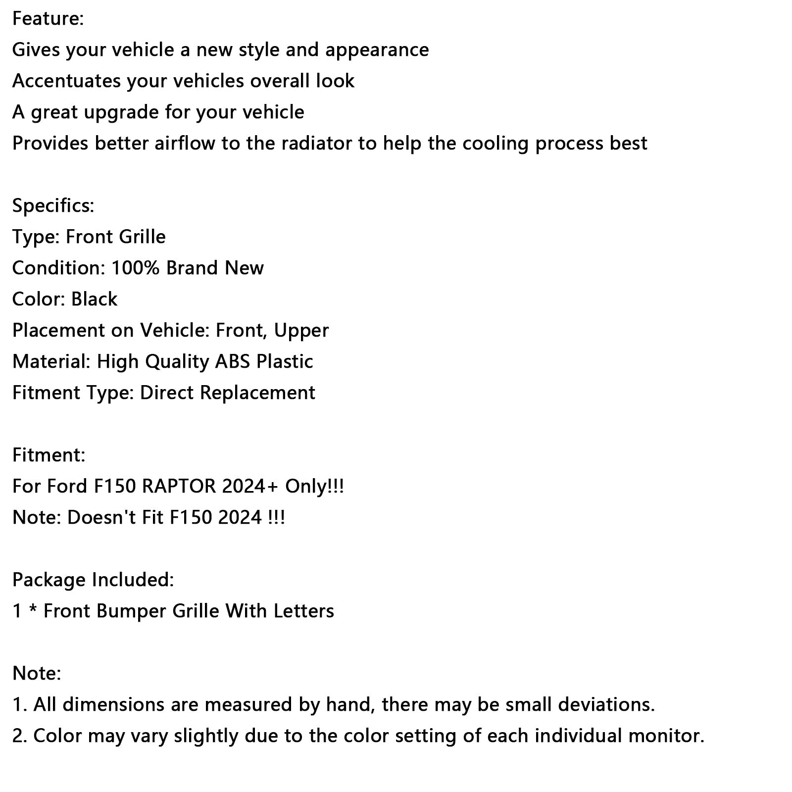Grille de pare-chocs avant noire compatible avec Ford F150 RAPTOR 2024+ uniquement