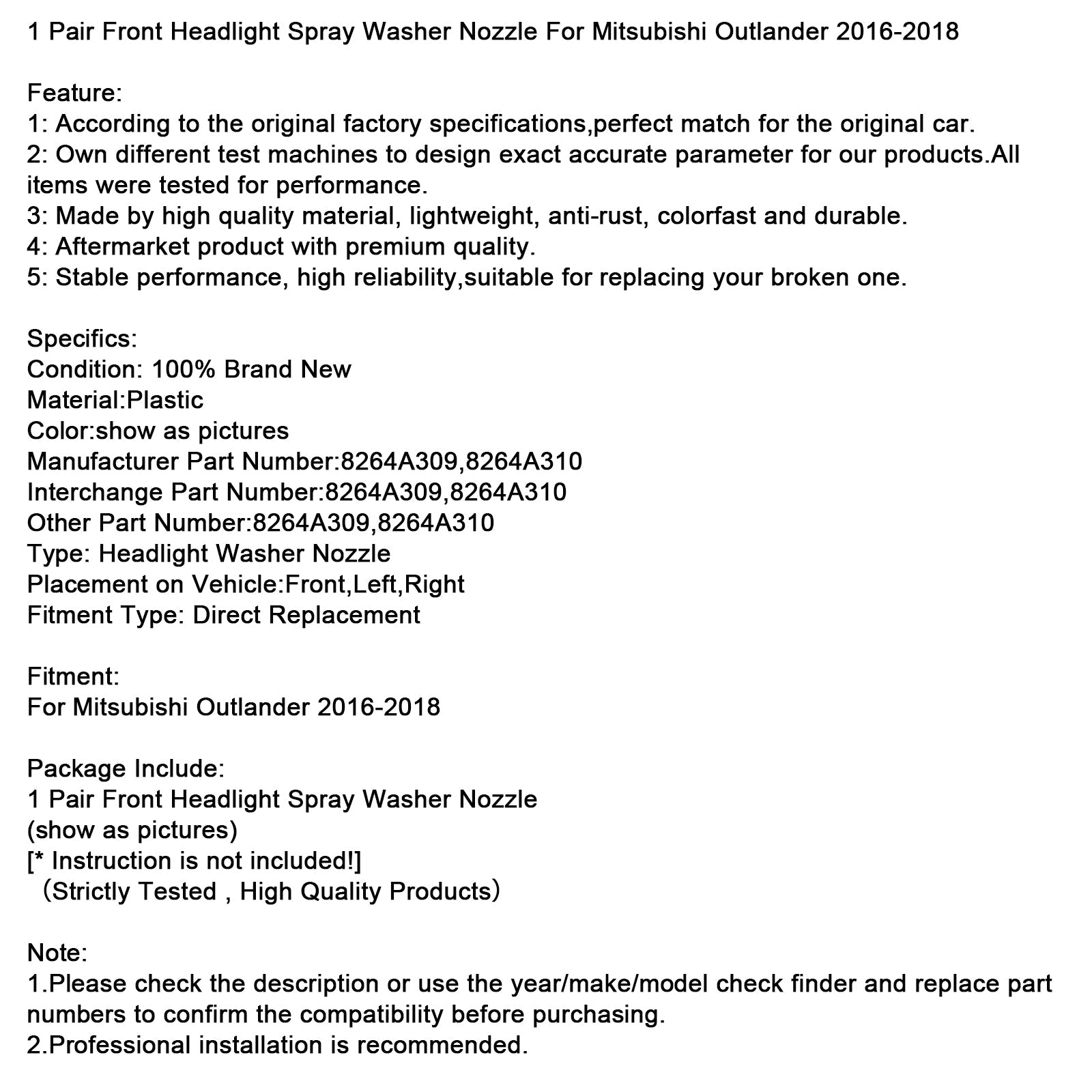 2016-2018 Mitsubishi Outlander 1 par de boquillas de lavado de faros delanteros