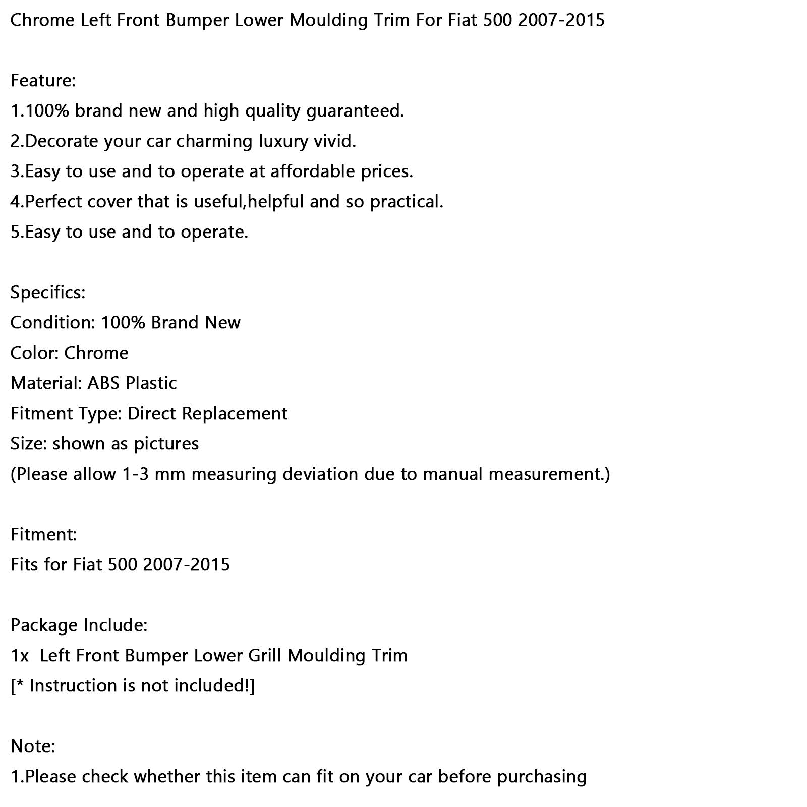 Moldura de reducción de amortiguador delantero izquierdo cromado para Fiat 500 07-15