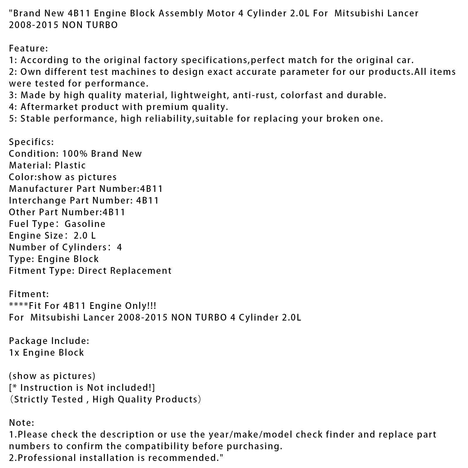 Nieuw 4B11 motorblok voor Mitsubishi Lancer (2008-2015), 4 cilinders, 2.0L