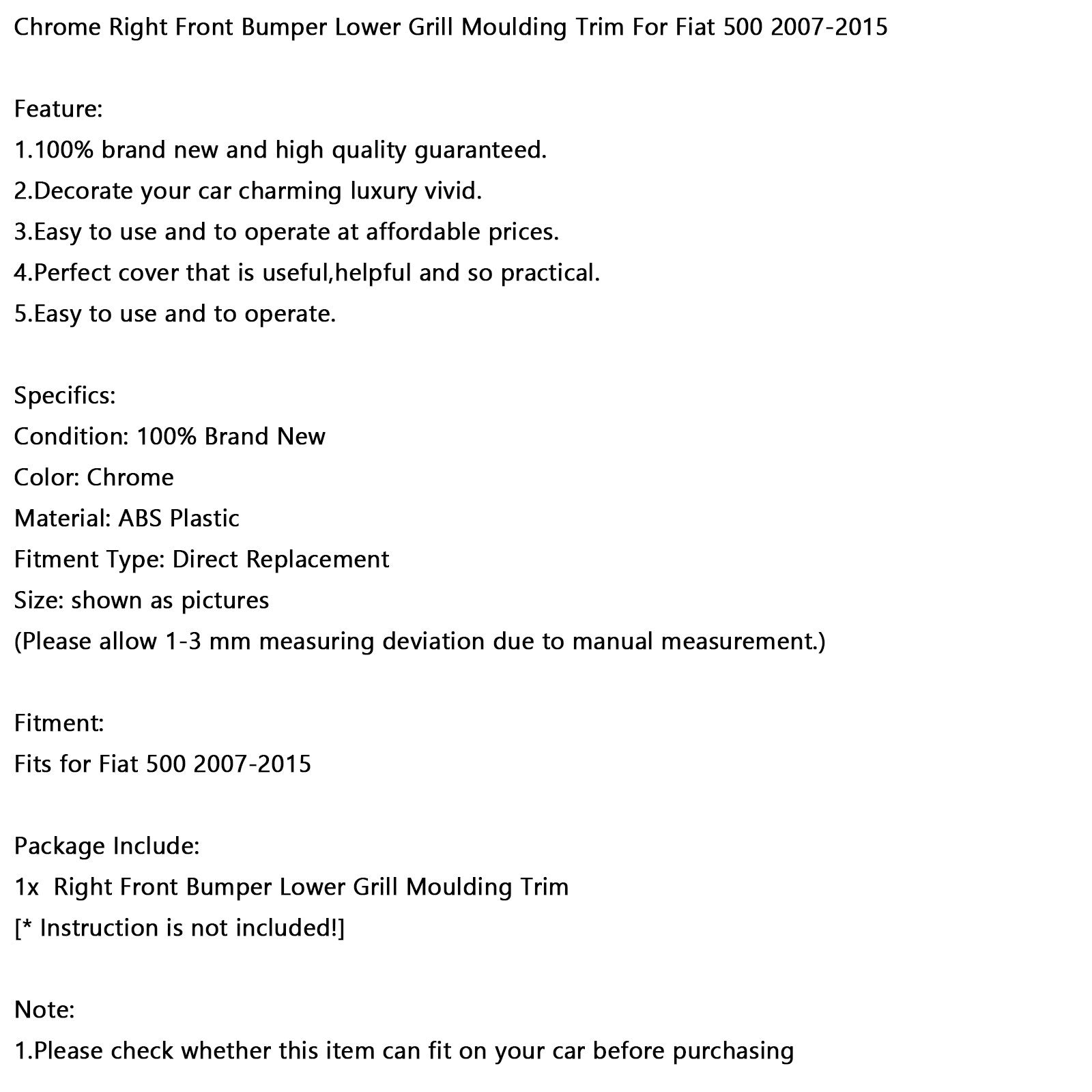 Chrome Wright Frontal Tampon Réduction Moulding Trim Pour Fiat 500 07-15