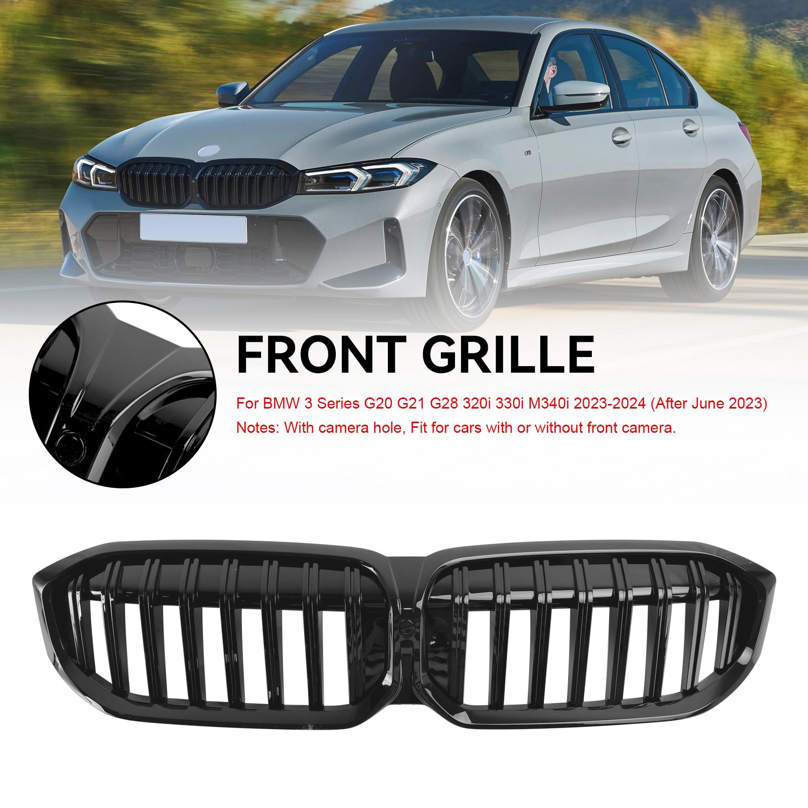 2023-2024 BMW 3 -sarja G20 G21 320I/330I/M340I/318I/320d Frant Real Glloss Black Grill Grill