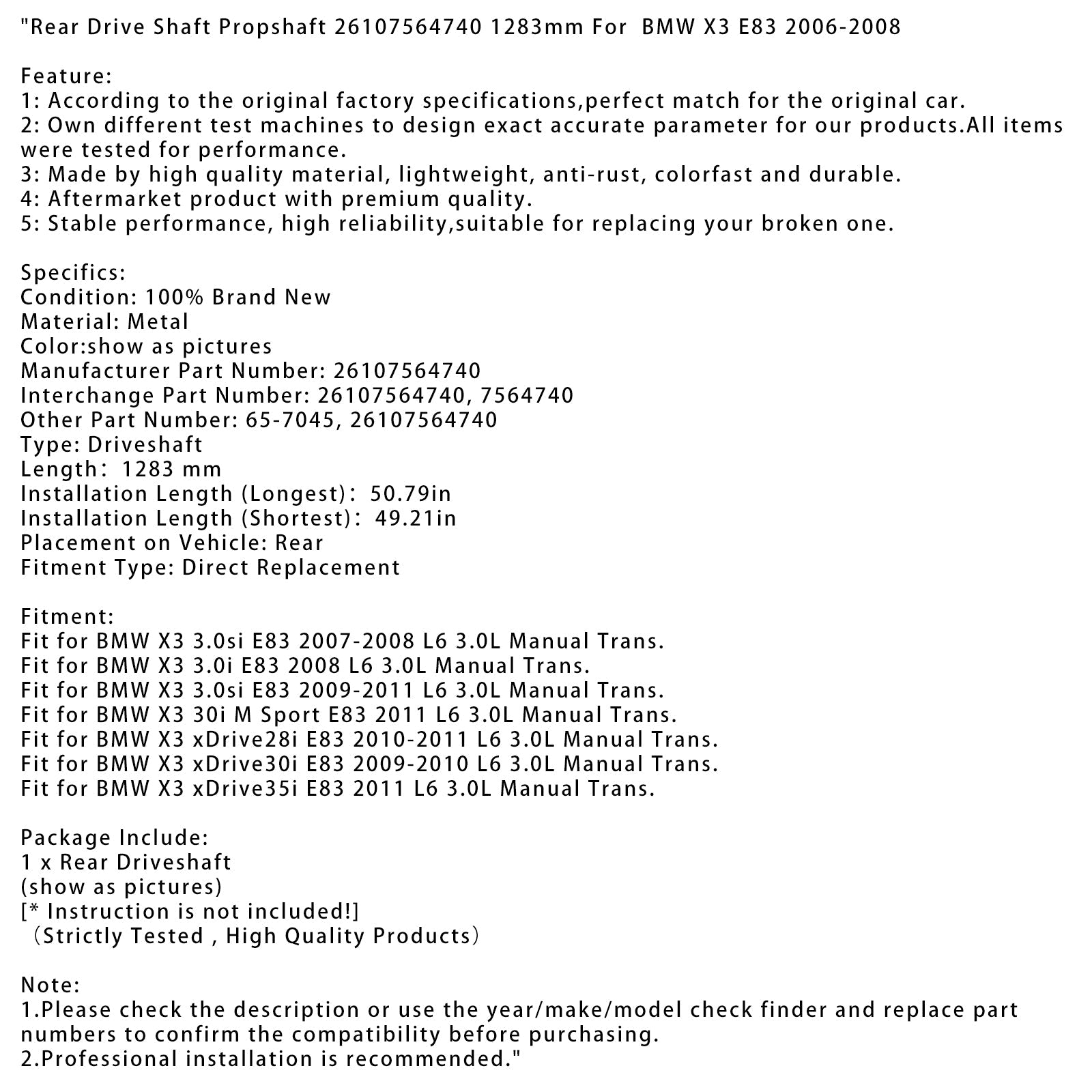 Takavaihteisto BMW X3 xDrive35i E83 L6 3.0L, Manual Box, 2011, 26107564740, 65-7045, 1283 mm