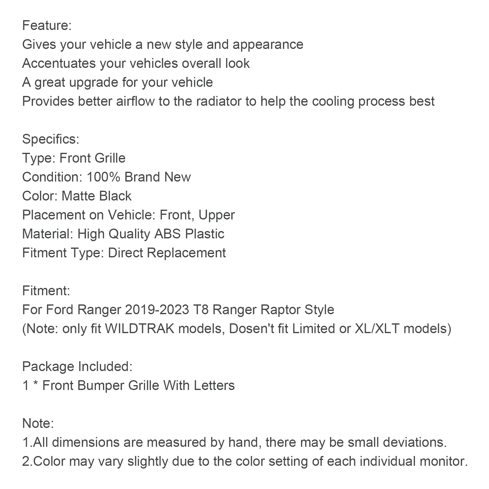 Matt Black Ranger Raptor Front Bumper Style Style Ford Ranger 2019-2023 T8