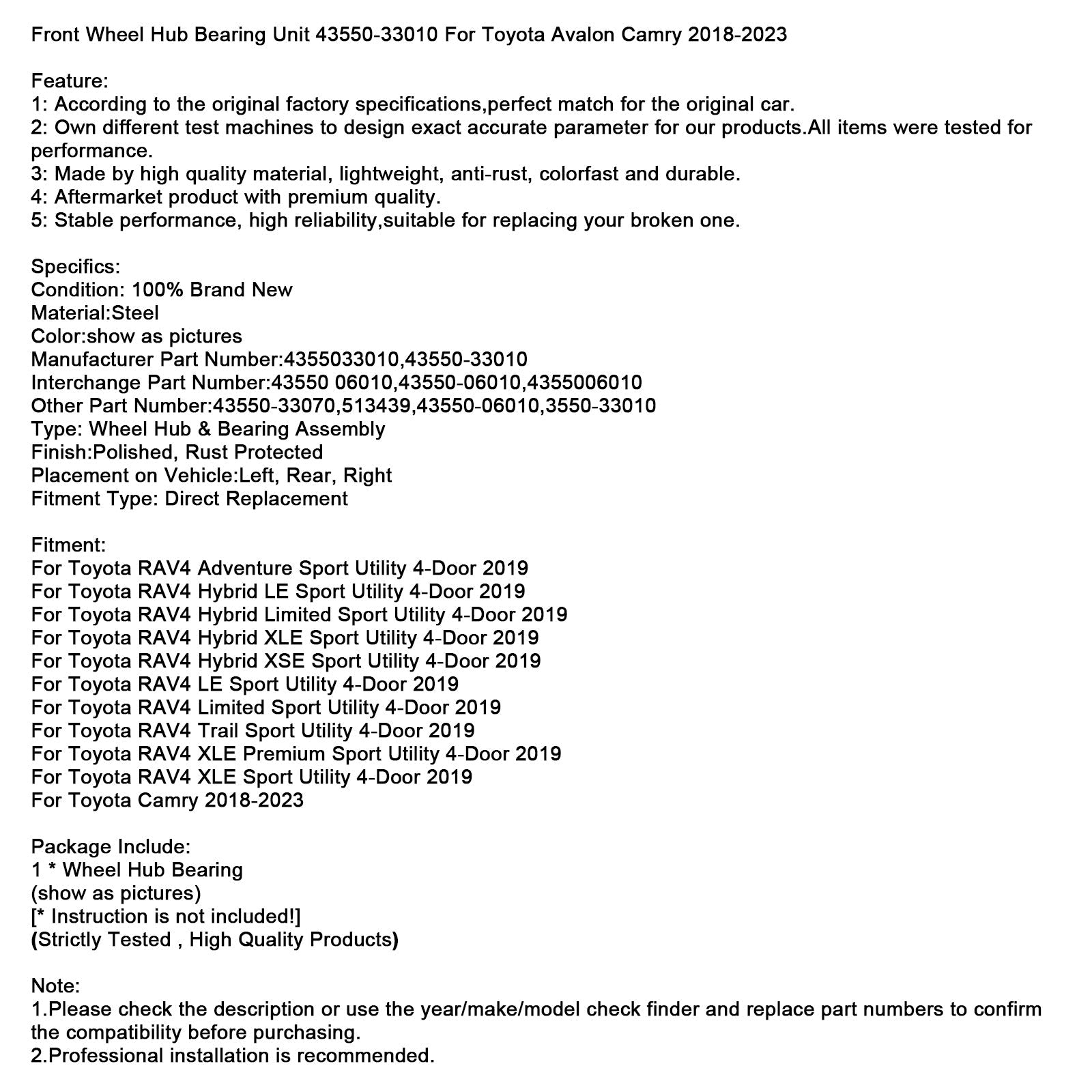 Roulement de moyeu de roue avant pour Toyota RAV4 XLE Sport Utility 4 portes 2019 (43550-33010)