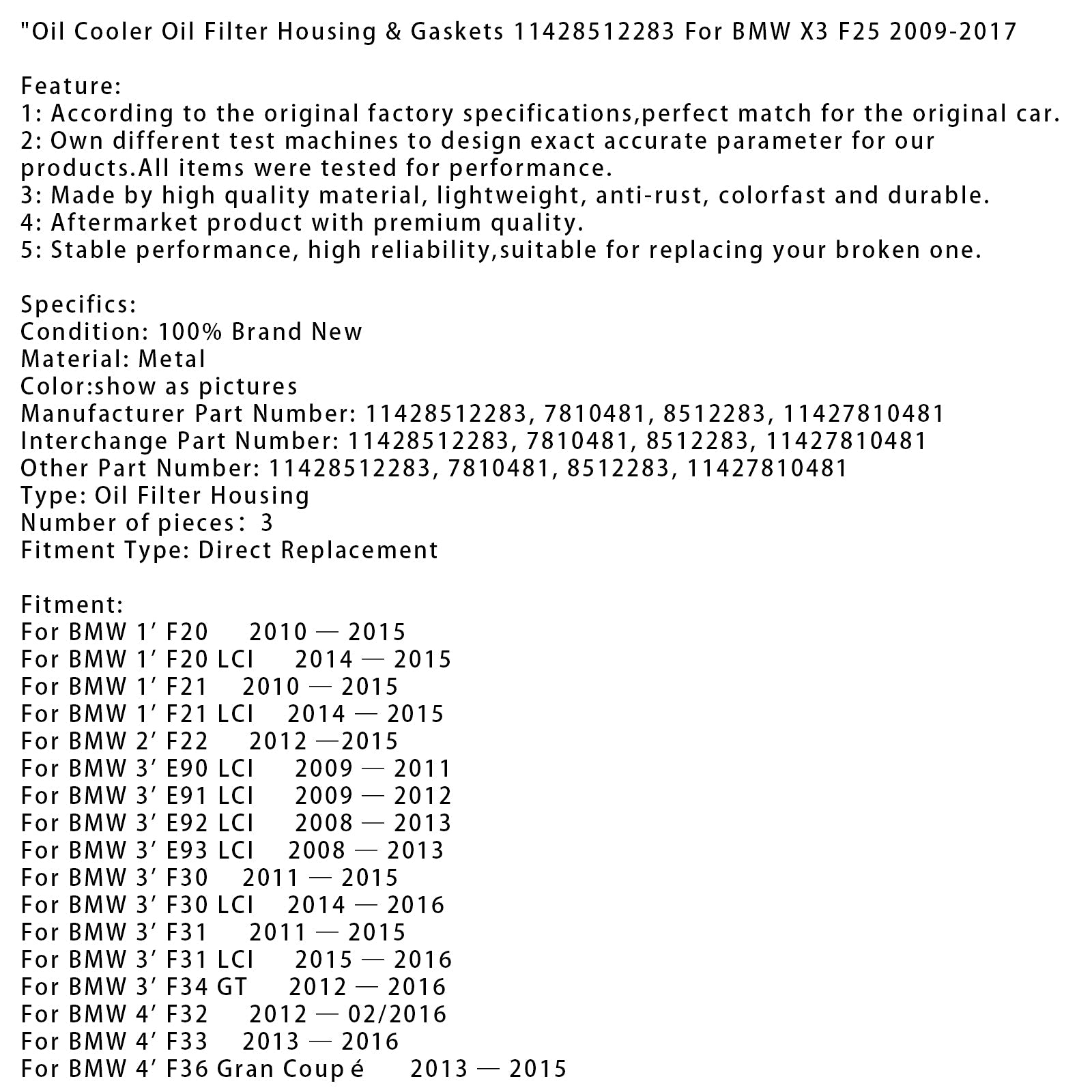 Obudowa filtra oleju i uszczelki chłodnicy oleju'olej BMW X3 F25 2009-2017 11428512283
