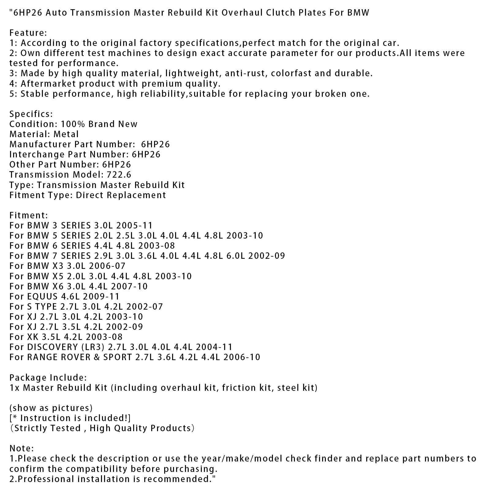 Kit de reconstruction de transmission automatique 6HP26, révision des plaques d'embrayage pour BMW