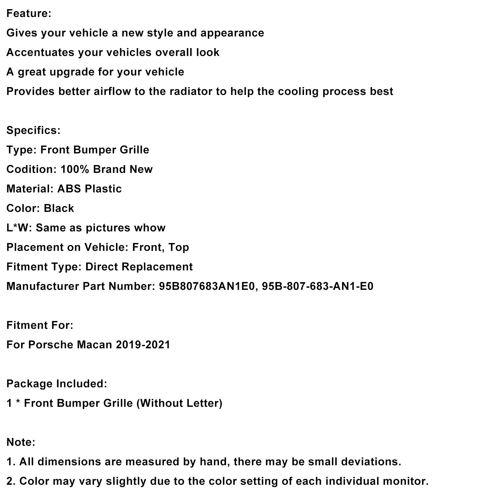 Črna maska sprednjega odbijača za Porsche Macan 2019-2021 95B807683AN1E0