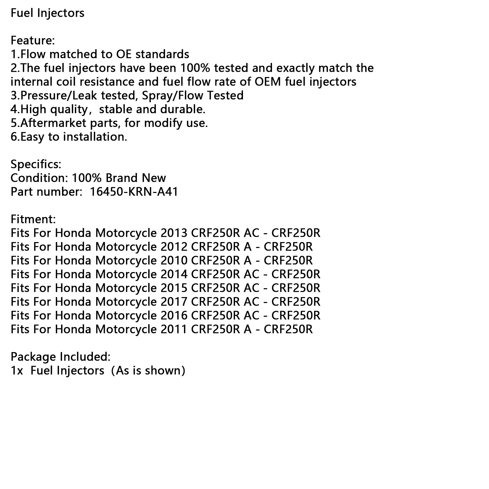 Wtryskiwacz paliwa 16450-KRN-A41 do Hondy CRF250R 2010-2017