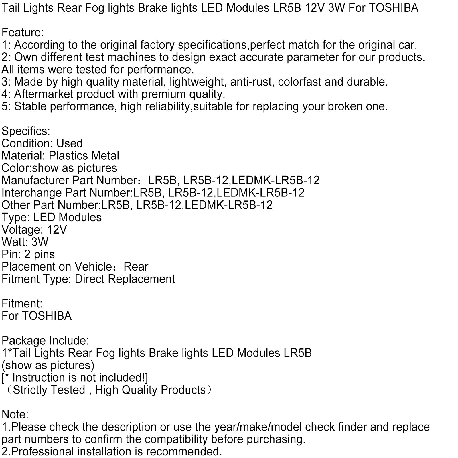 Modules LED de feux de freinage antibrouillard arrière LR5B 12 V 3 W pour TOSHIBA