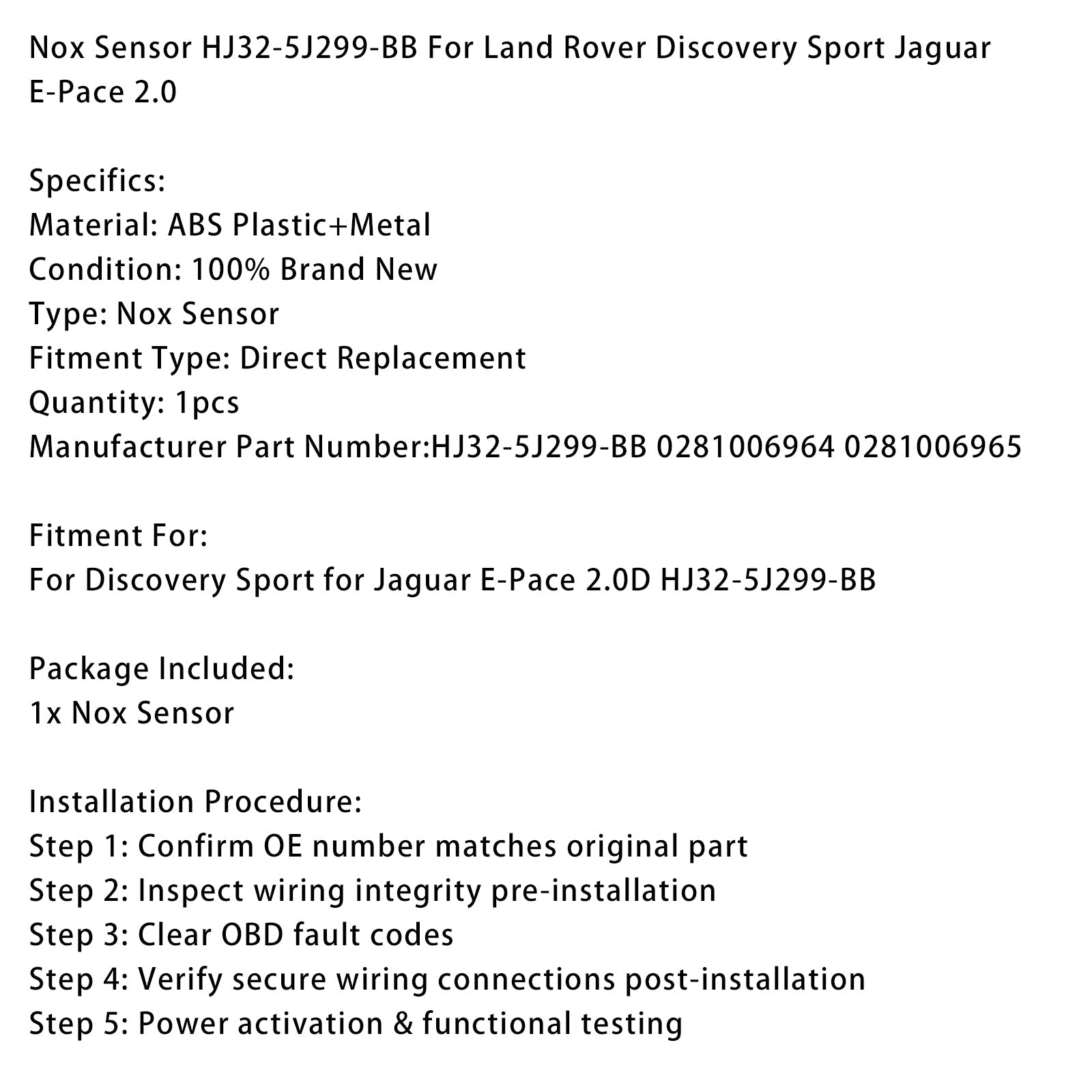 Capteur de NOx HJ32-5J299-BB pour Land Rover Discovery Sport Jaguar E-Pace 2.0