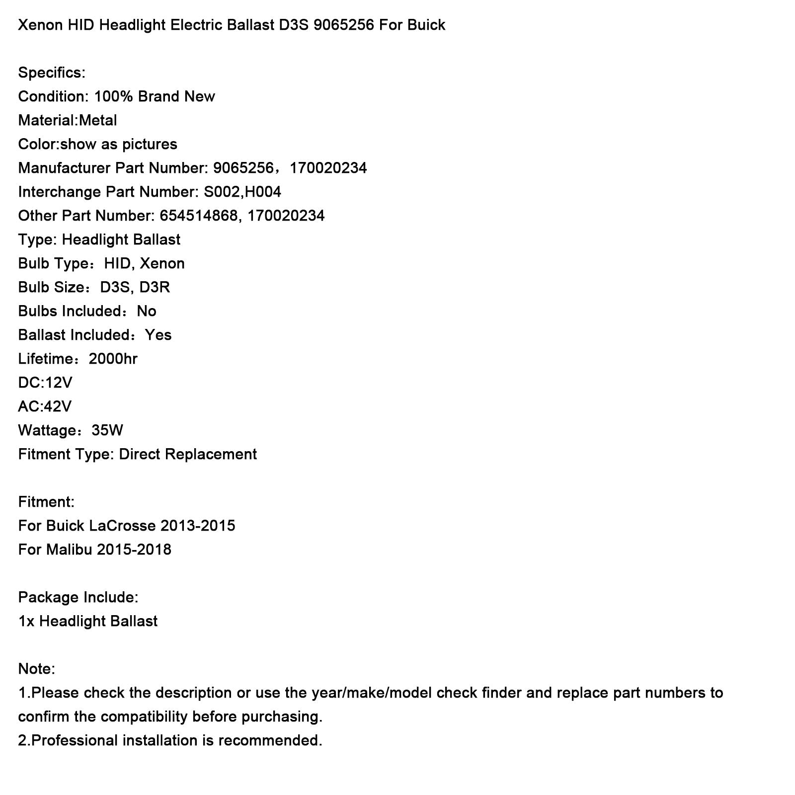 Ajovalojen sähköliitäntälaite HID D3S 9065258 Buickille