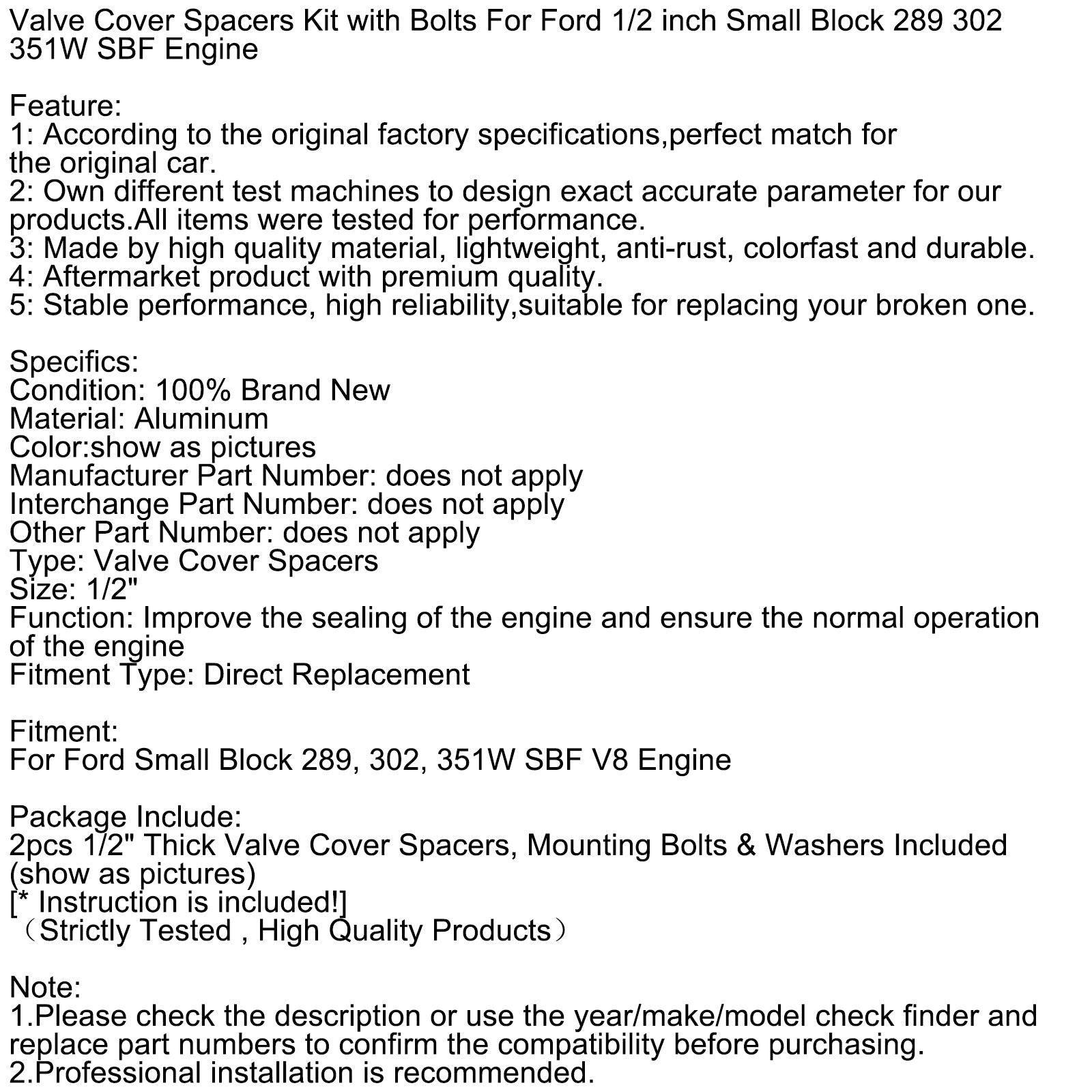 Kit d'entretoises de couvercle de soupape avec boulons pour Ford 1/2 pouce Small Block 289 302 351W