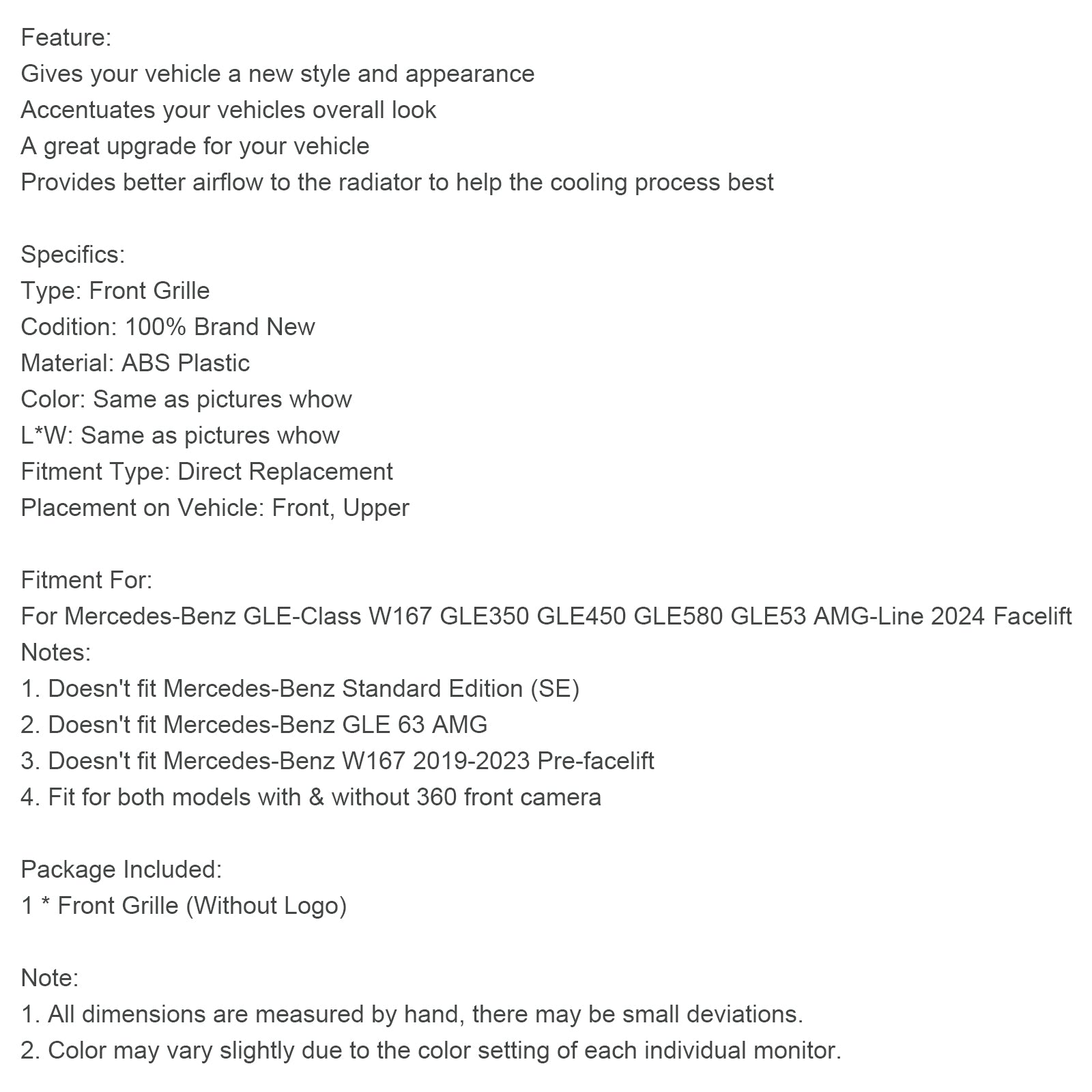 Maska sprednjega odbijača Mercedes Benz W167 GLE350 GLE450 AMG-Line 2024