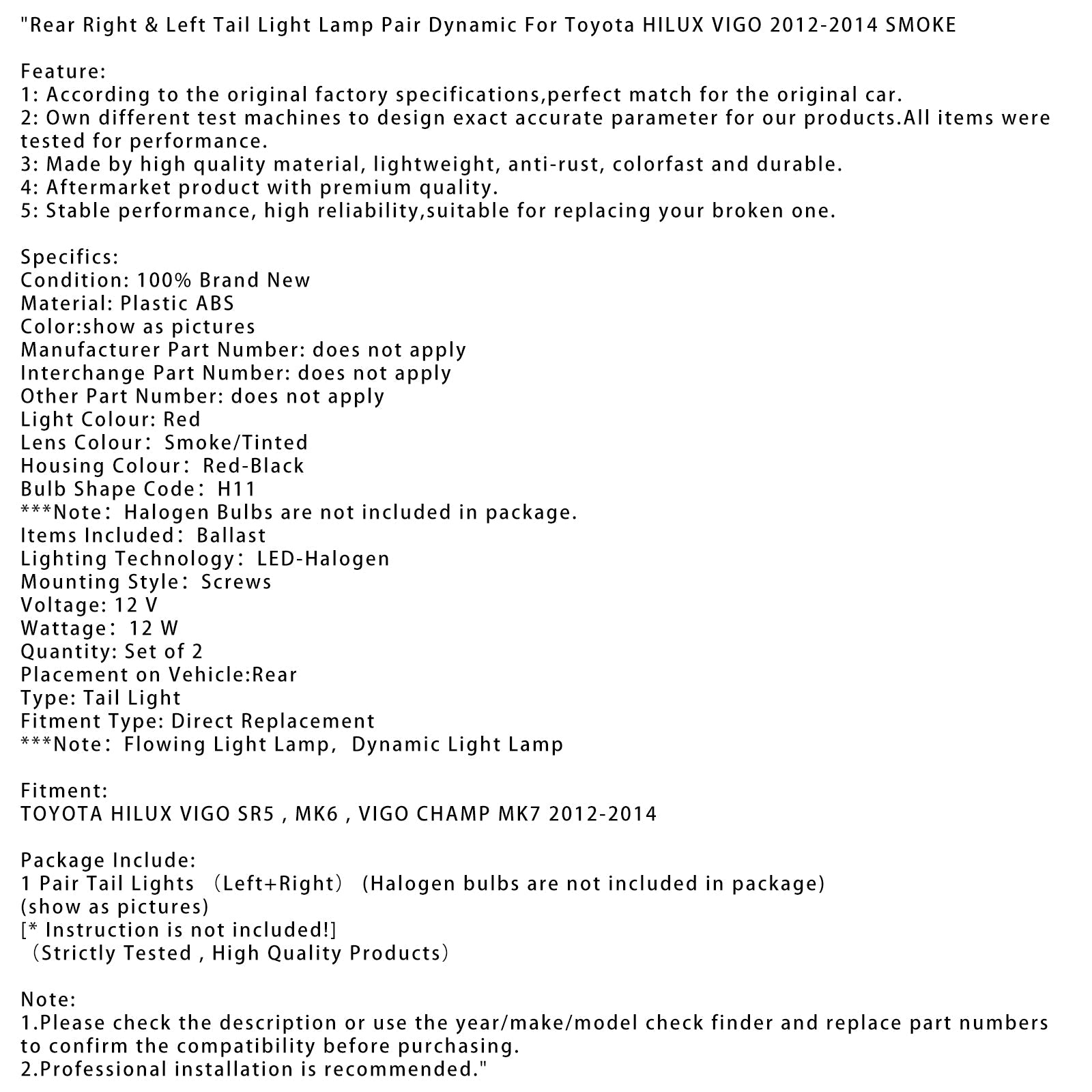 Paire de feux arrière droit et gauche dynamiques pour TOYOTA HILUX VIGO SR5, MK6, VIGO CHAMP MK7 2012-2014