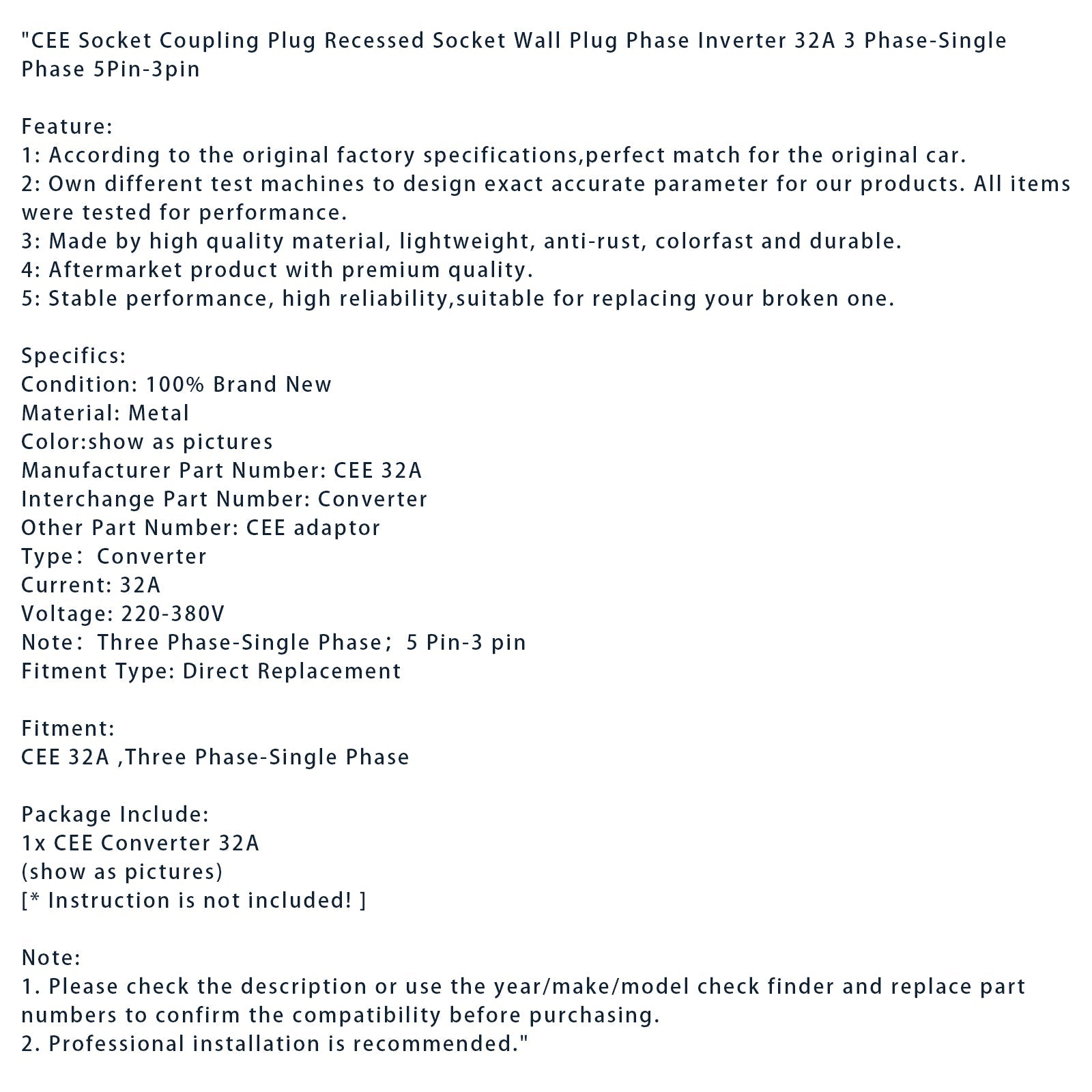 Presa di accoppiamento CEE, presa da incasso, inverter di fase 32A, trifase a singola