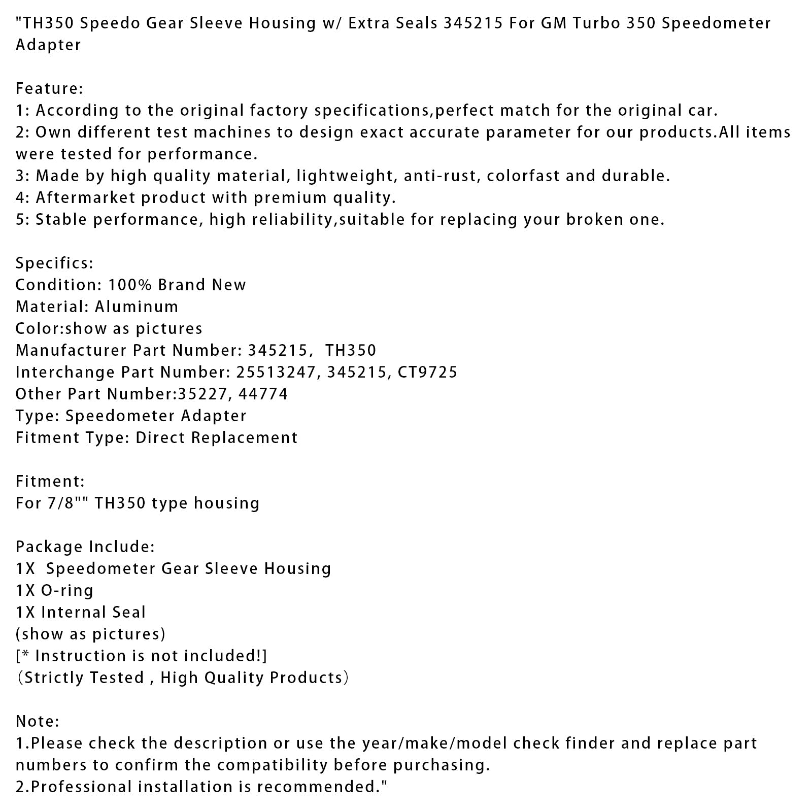 Ohišje števca TH350 z dodatnimi tesnili 345215 za GM Turbo 350