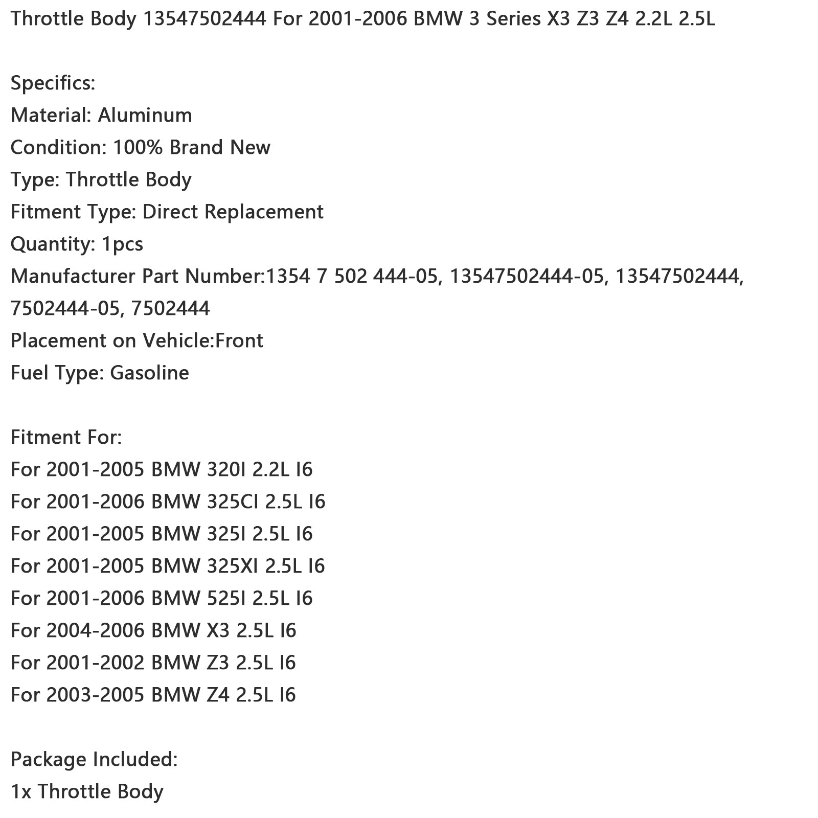 Corps de papillon 13547502444 pour BMW Série 3 X3 Z3 Z4 2,2 L 2,5 L 2001-2006
