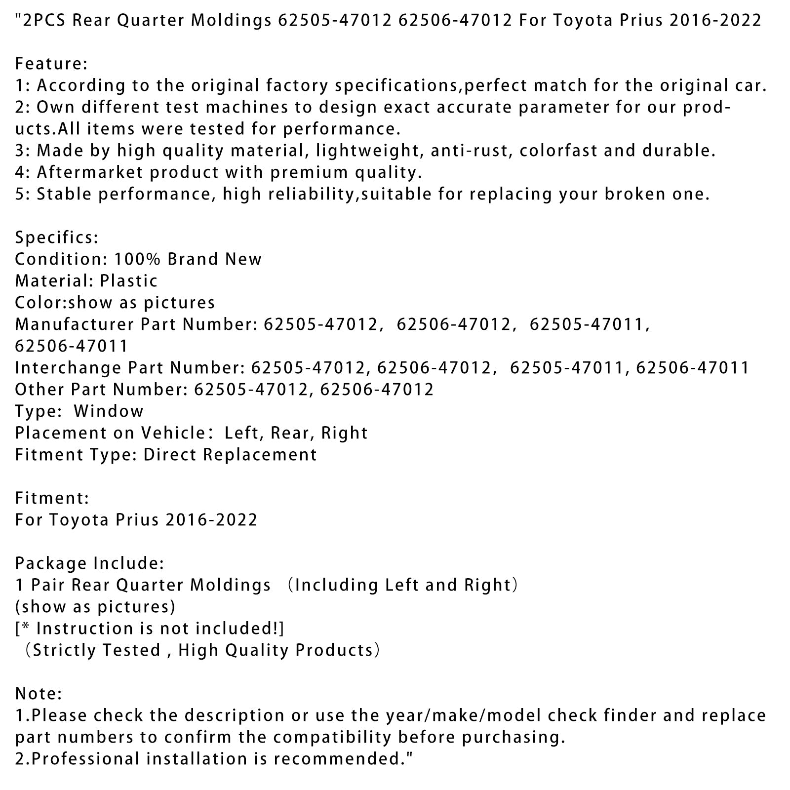 2-delna zadnje skrbniške oblikovanja za Toyota Prius 2016-2022 62505-47012 62506-47012