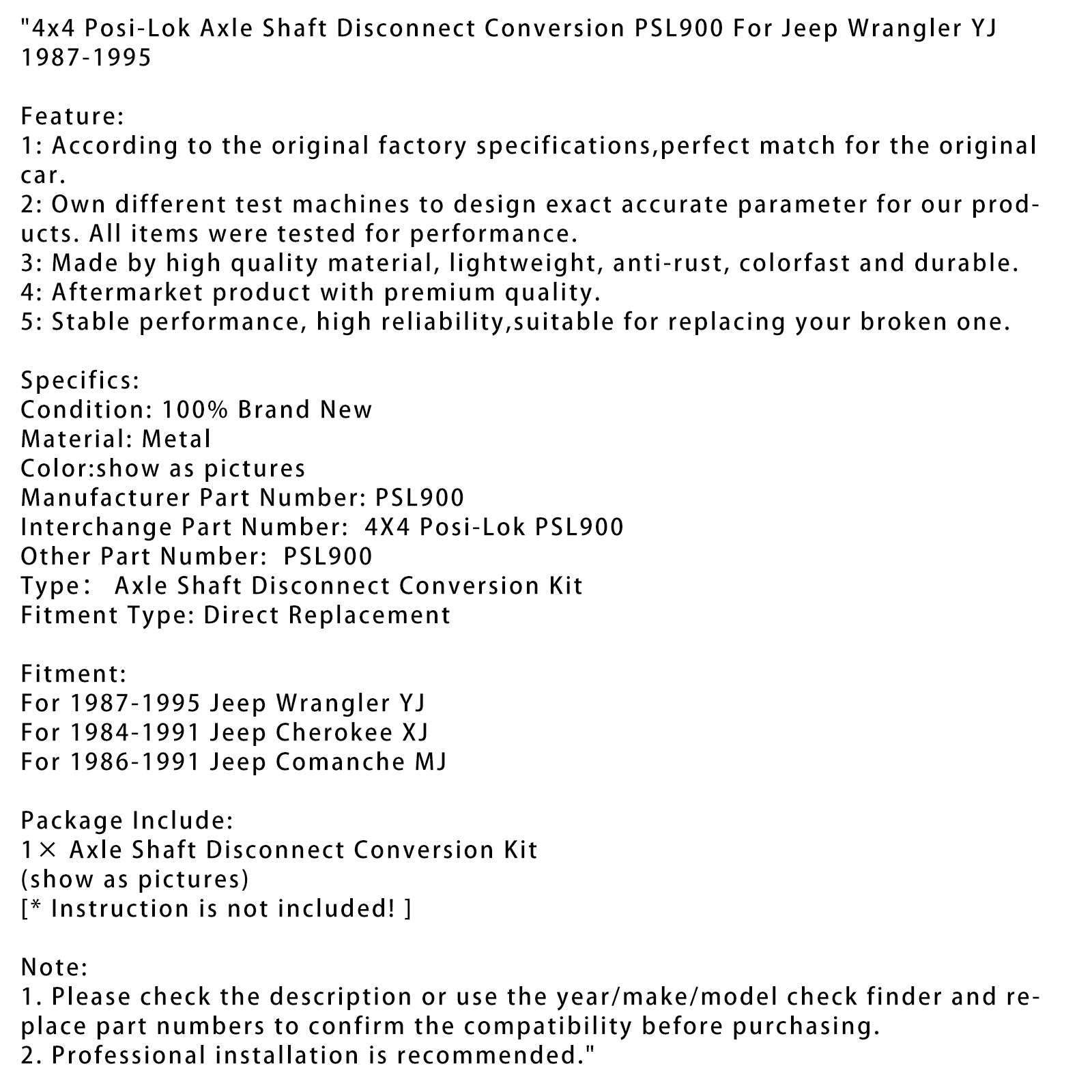 Conversione disconnessione albero assale Posi-Lok 4x4 PSL900 per Jeep Wrangler YJ 87-95