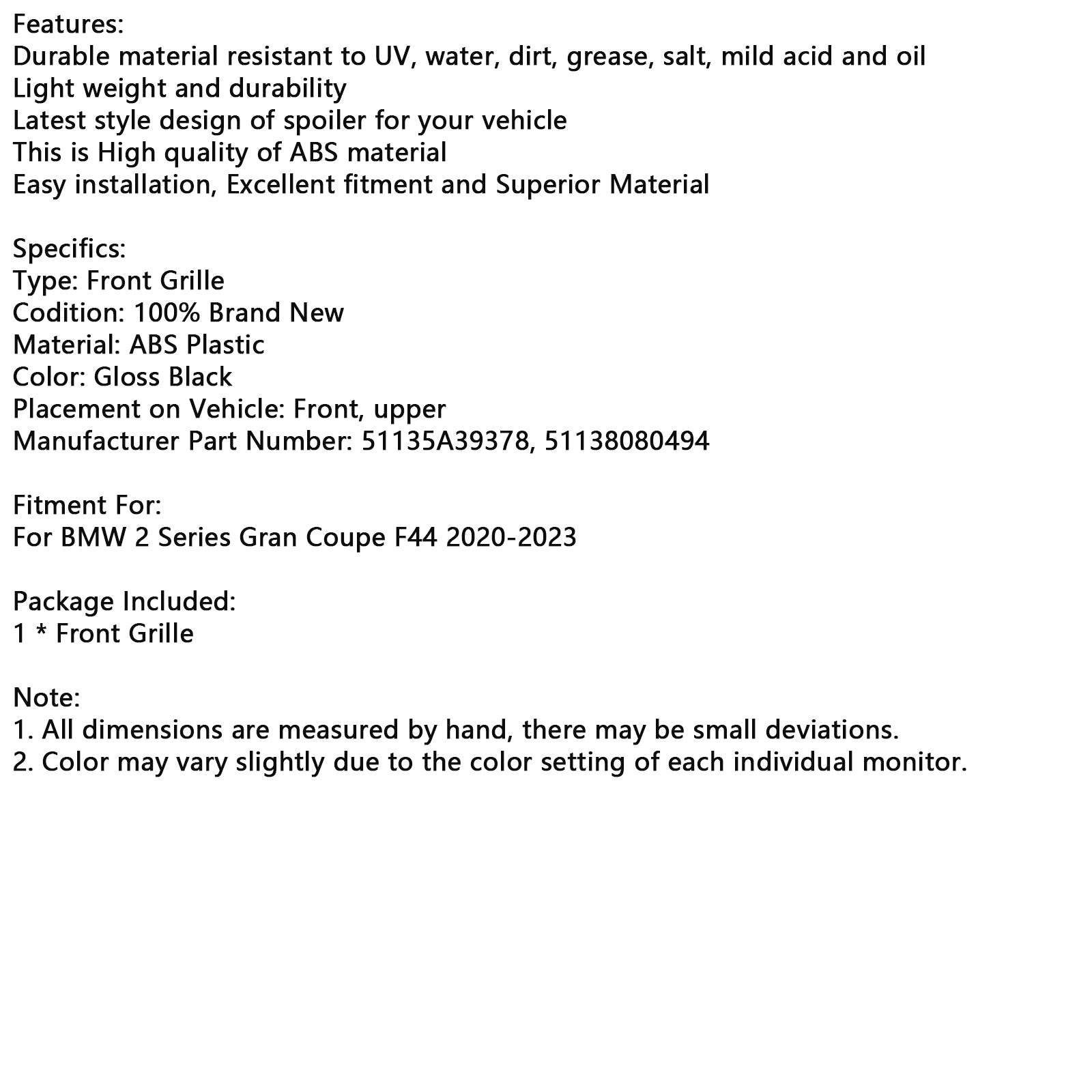 BMW Serie 2 F44 Coupe M Parrilla delantera negra brillante diamante 2020-2023 51135A39378 51138080494